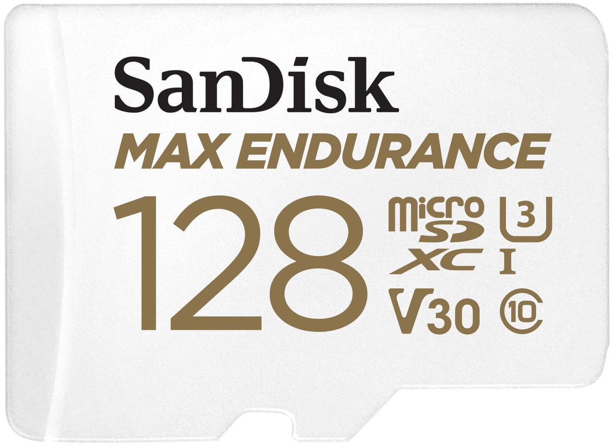 SanDisk Tarjeta microSDXC de 128 GB MAX Endurance con Adaptador para cámaras de Seguridad para el hogar y cámaras de salpicadero - C10, U3, V30, 4K UHD, Tarjeta Micro SD - SDSQQVR-128G-GN6IA