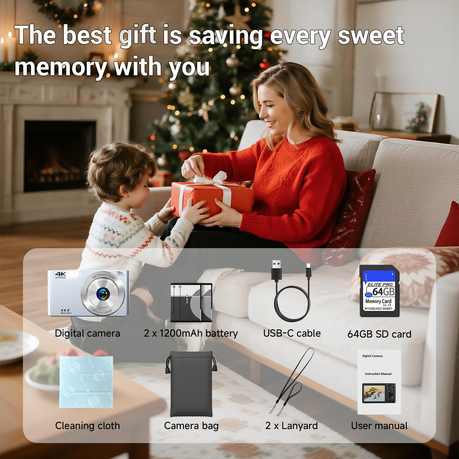 Cámara digital, SMARTKLIK 2026 4K Cámaras digitales con enfoque automático para adolescentes, cámara plateada de punto y disparar para niños con zoom 16X, tarjeta SD de 64GB, compacta y pequeña para