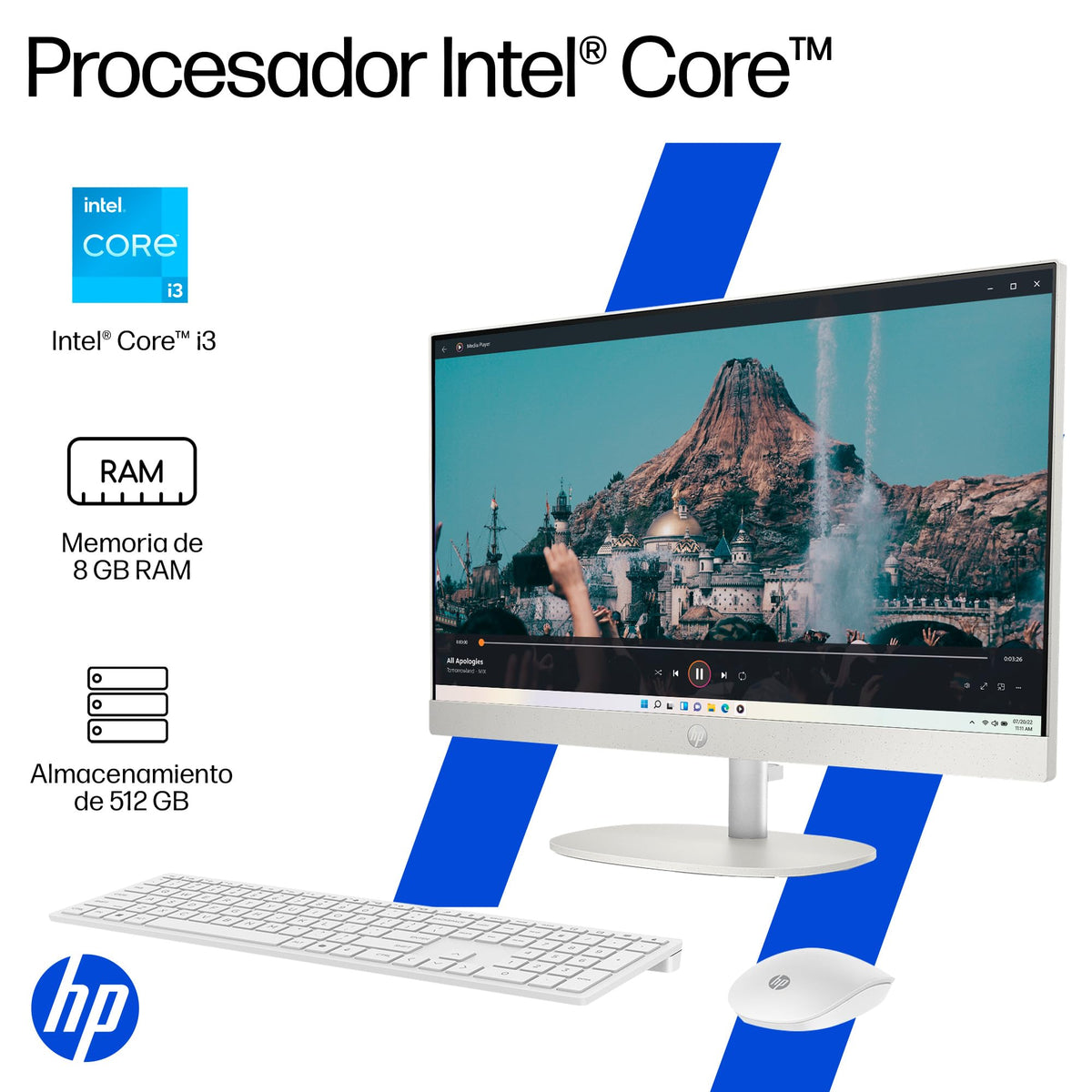 HP All-in-One 24-cr0330la, Desktop PC, Intel Core i3, 8 GB RAM, 512 GB SSD, FHD, 23.8", Windows 11 Home, Garantía México, Blanco