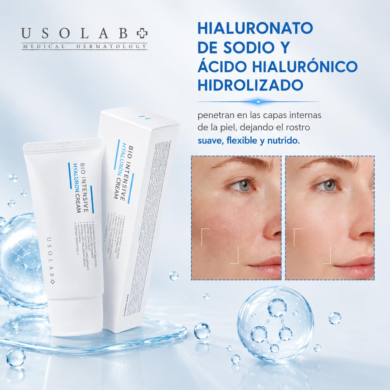USOLAB Crema Hidratante Coreana Bio Intensive Hyaluron con Ácido Hialurónico y Péptidos para Mejorar Elasticidad, Reducir Líneas de Expresión y Iluminar la Piel 50ml