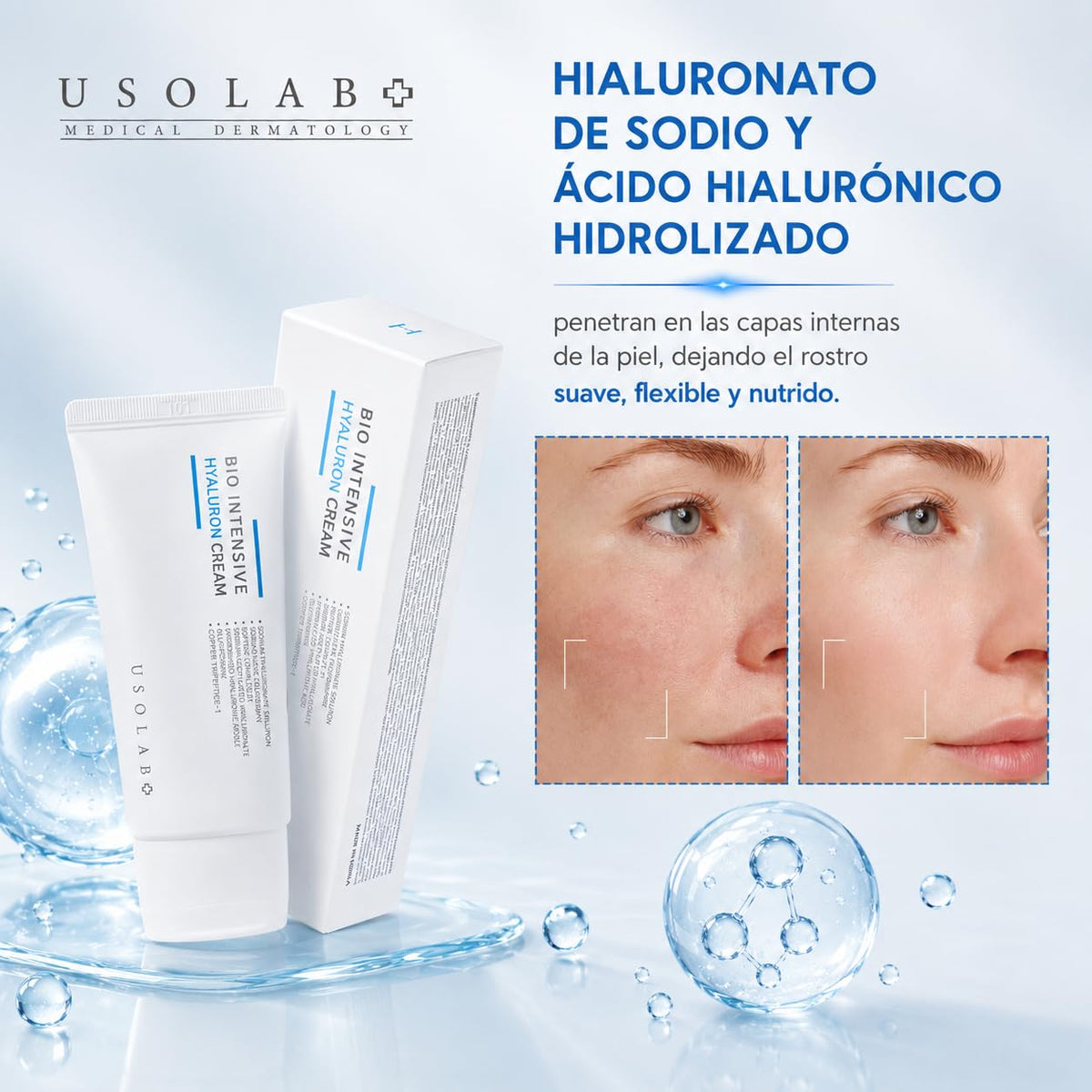 USOLAB Crema Hidratante Coreana Bio Intensive Hyaluron con Ácido Hialurónico y Péptidos para Mejorar Elasticidad, Reducir Líneas de Expresión y Iluminar la Piel 50ml