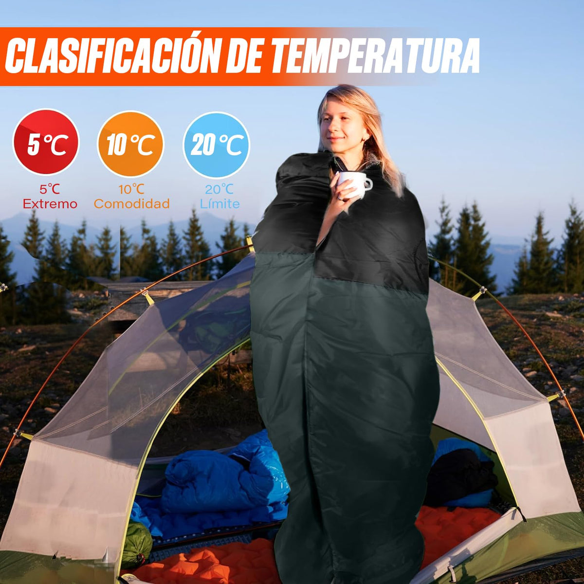 BYCRAY Saco de Dormir Camping, Bolsa de Dormir Ligero y Cómodo de Tres Estaciones, Sleeping Bag Adulto para Campismo Senderismo Aventuras Viaje y al Aire Libre (1KG Negro)