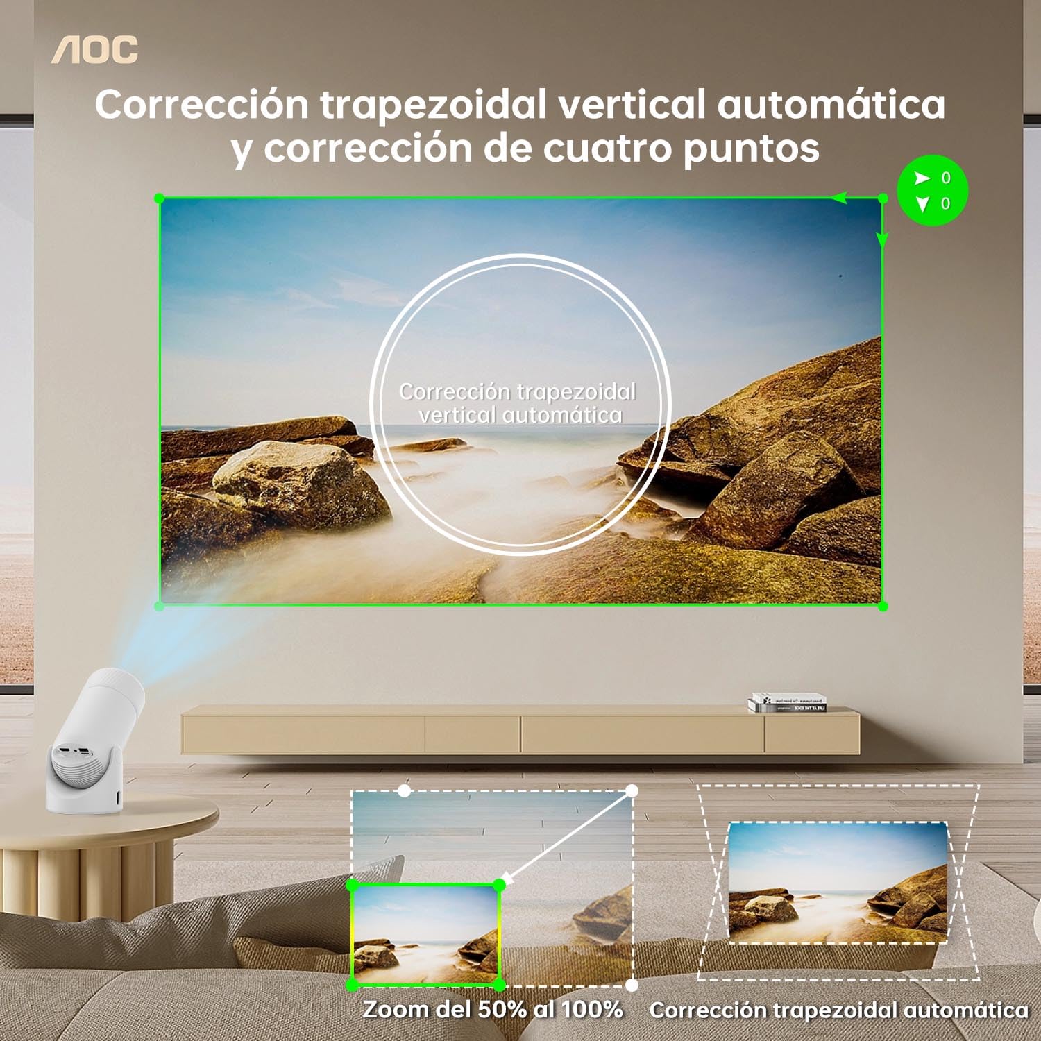 AOC Proyector portátil WiFi y Bluetooth, 4K Full HD, rotación de 180°, 8000 lúmenes, 220 ANSI, corrección Trapezoidal, para portátiles