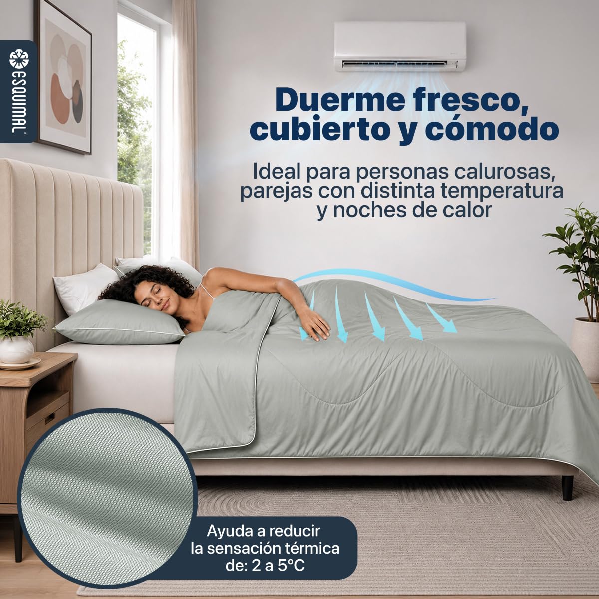 ESQUIMAL Cobija Refrescante FreshTouch + Fundas – Fría al Contacto, Ligera, Ideal para el Calor, Reduce 2-5°C, Certificado Oeko-Tex, Doble Vista (Verde, Matrimonial)