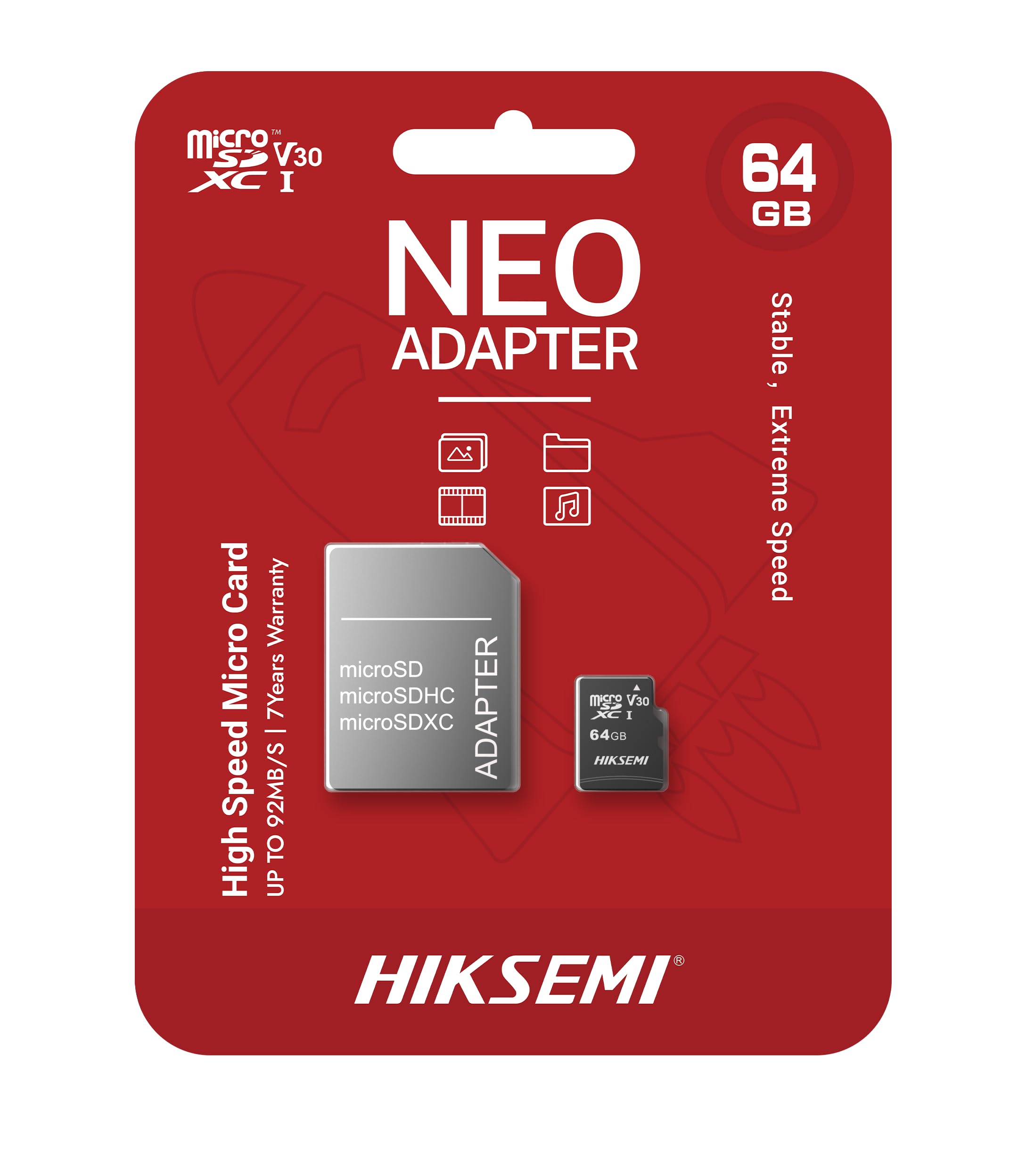 HIKSEMI Tarjeta de Memoria C1, MicroSDXC con Adaptador SD, UHS-I, C10, U1, V30, Lectura: 92MB/s, Clase 10, Diseñada para Uso 24/7 (1 Pack, 64GB)