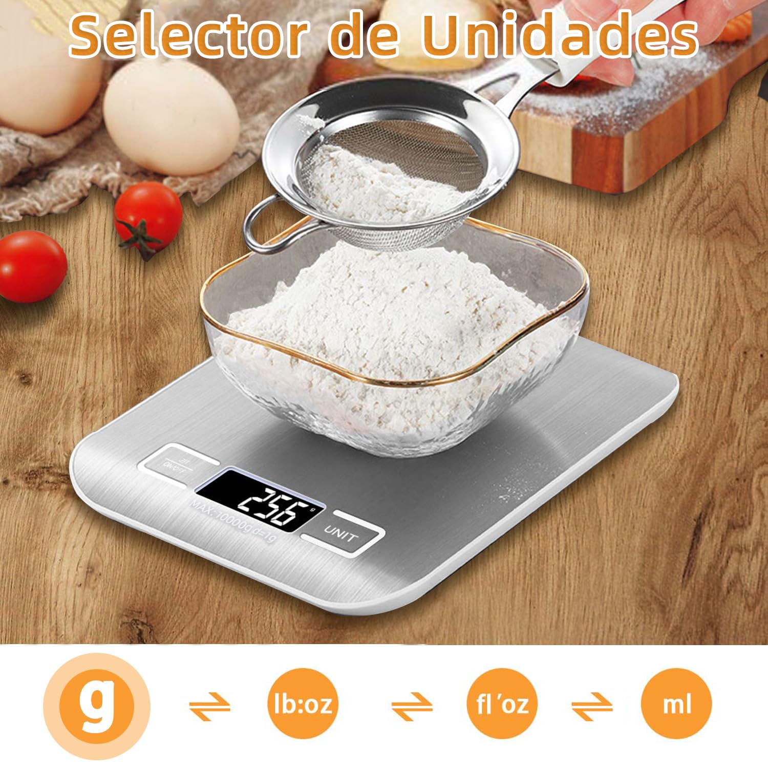 JUGLUTE Báscula Digital de Cocina USB Recargable, Báscula de Cocina de Acero Inoxidable de 10kg/22lb con Pantalla LCD, Función de Tara, Balanza de Alimentos Multifuncional para Cocina