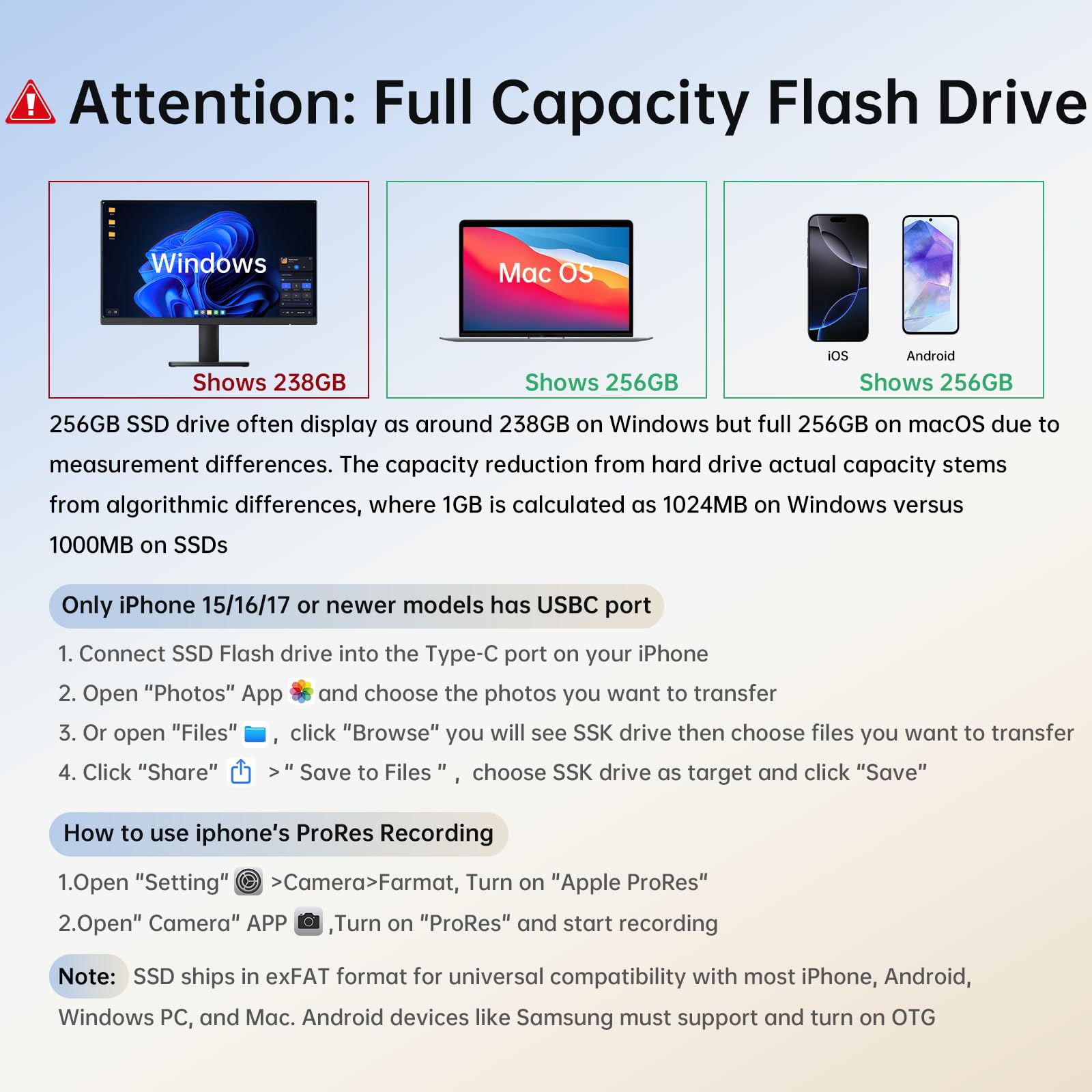 SSK Unidad flash SSD externa de 256 GB, unidad USB push-pull de hasta 1000 MB/s de doble cabeza, unidad de pulgar-USB SSD Memory Stick para iPhone 15/16/17, Android, Tablet, Win& Mac Aleación de zinc