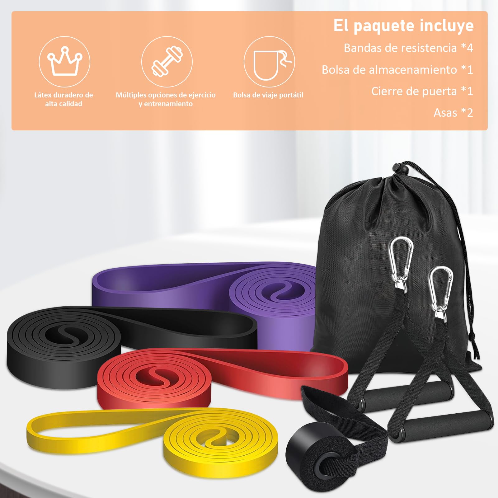 4 Pack Bandas de Resistencia para Ejercicio,Bandas de Resistencia con 2 Asas, Anclaje para Puerta, Gancho y Bolsa,Bandas Elásticas para Hombres y Mujeres para Ejercicio, Fitness, Entrenamiento, etc