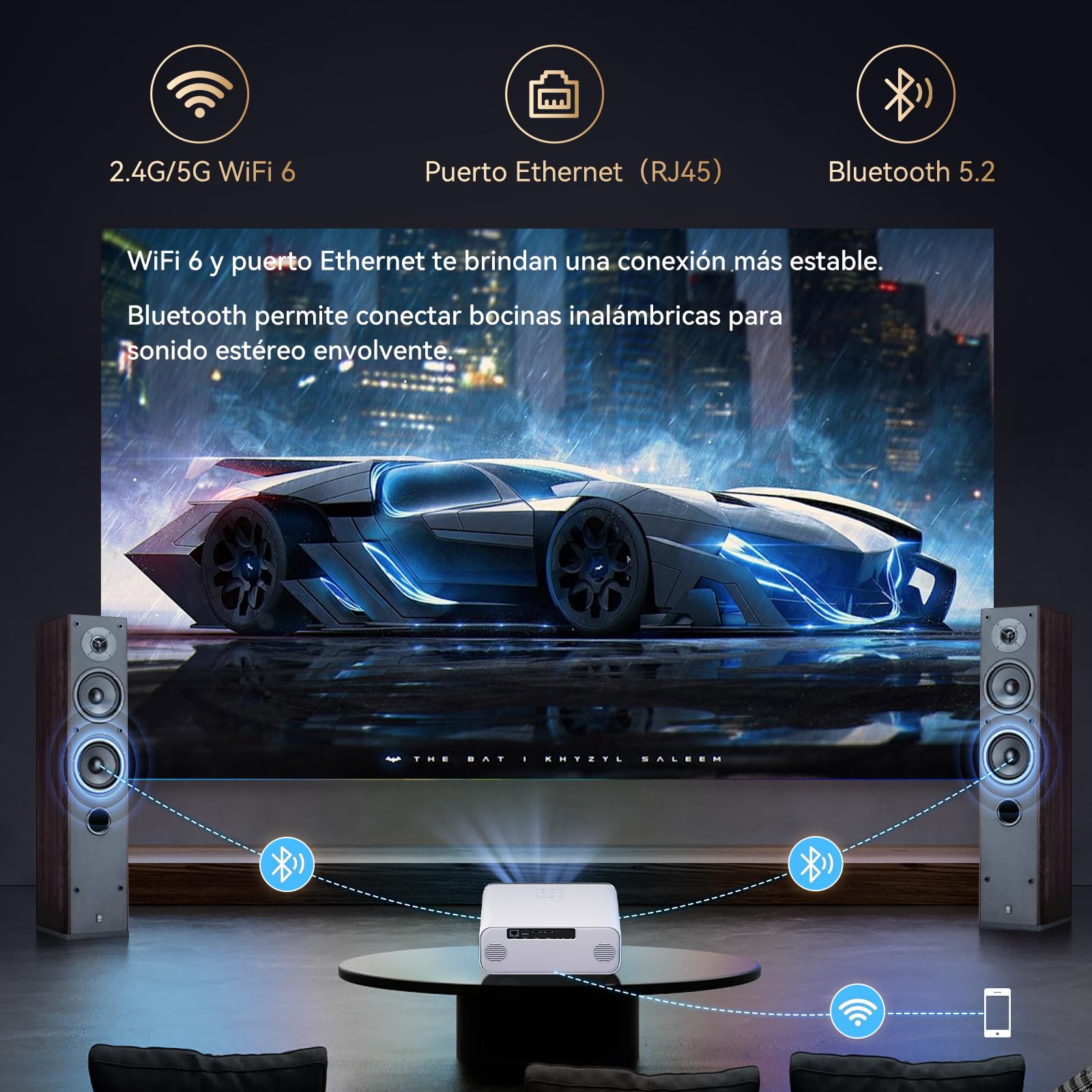 VUEKIME 【Enfoque Automático/1000ANSI】 Proyector 4K Pro Portátil, Android 12.0, Silencioso, 300 Pulgadas, 40000 Lúmenes, Soporte 4K, 2.4/5GHz WiFi 6, Bluetooth 5.2, Compatible con iOS/Android/PC/PS5