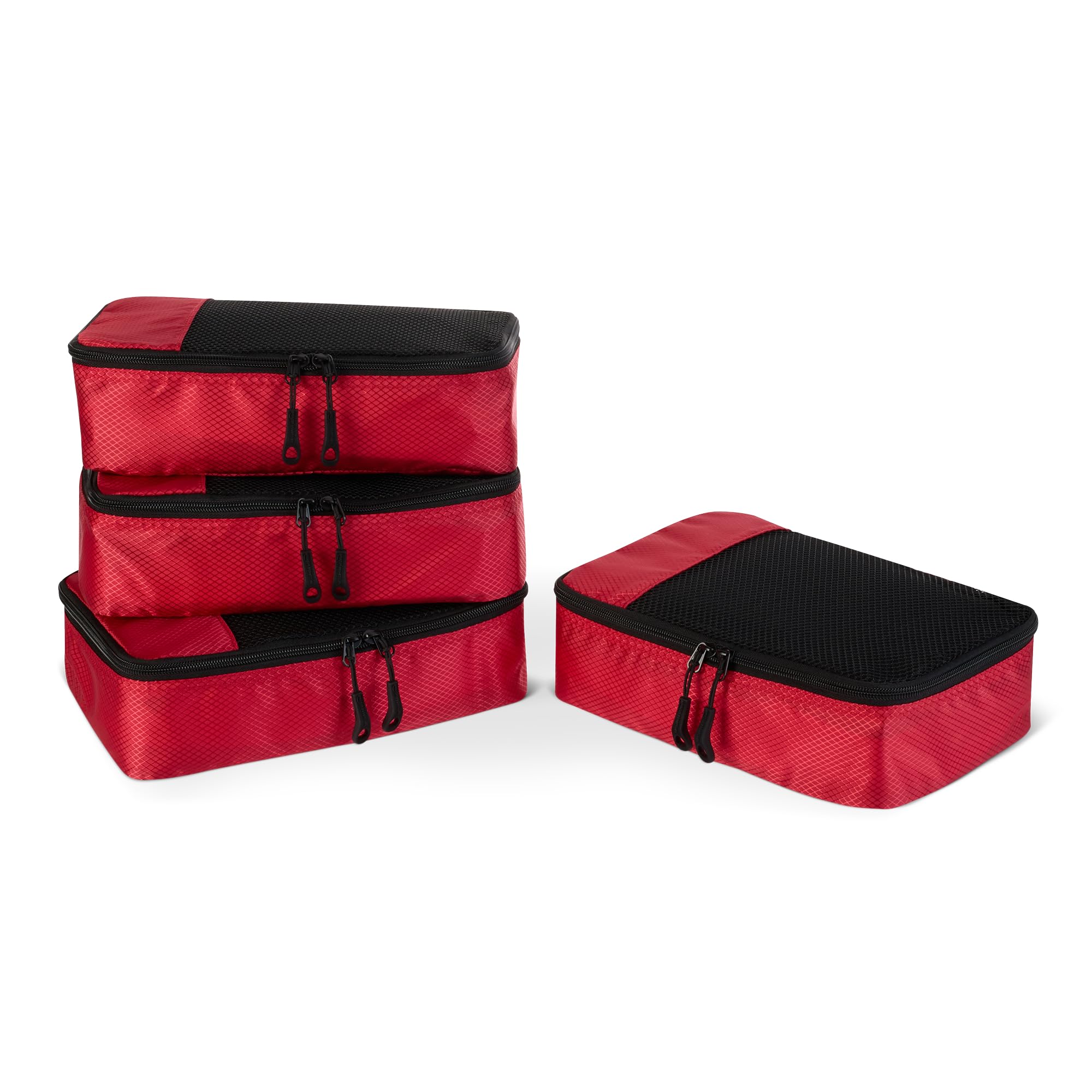Amazon Essentials Juego de 4 Cubos para Viaje, Organizador de Equipaje con Doble Cremallera, Parte Superior de Malla, Poliéster, Pequeño, Rojo (Antes Amazon Basics)