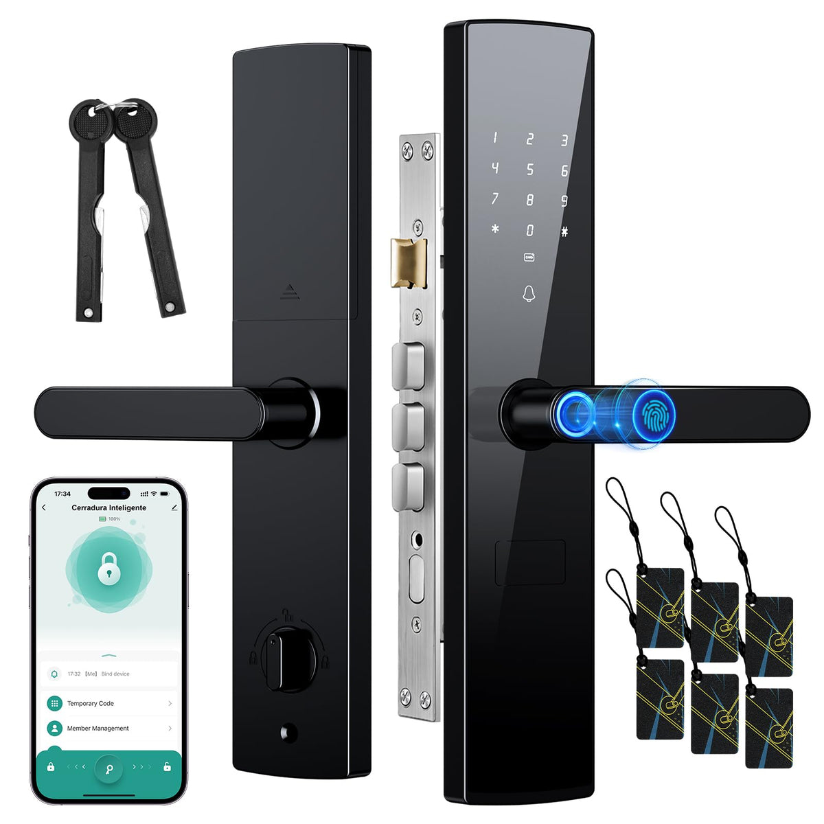 Cerradura Inteligente, Chapa Inteligente con Voz en Español, 5 Métodos de Apertura, Tuya APP, Huella Digital, Código, Llave Física, Tarjeta IC, Cerraduras Digital, para Hogar y Apartamento