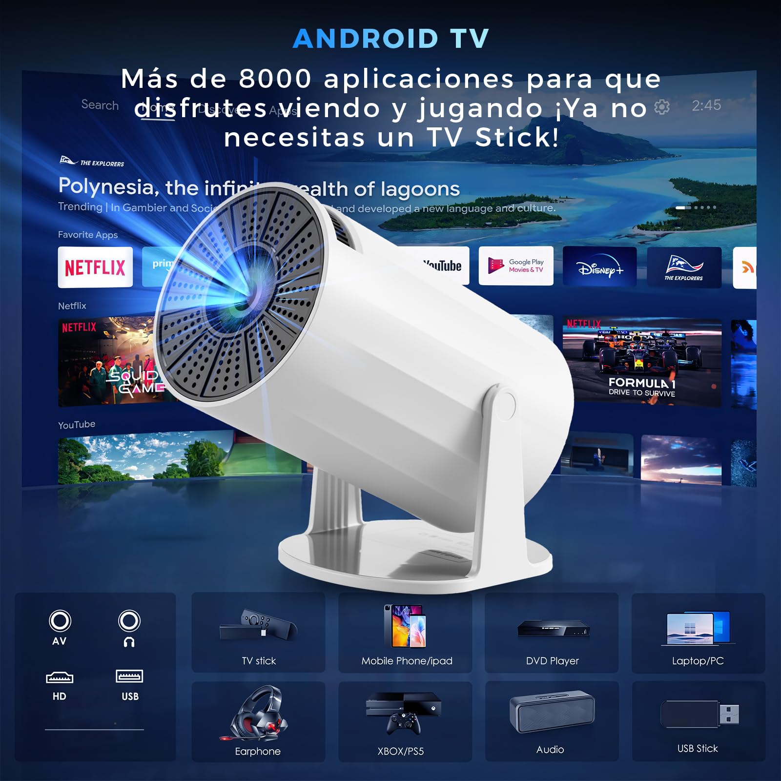 HUSEYTA Proyector, proyector Inteligente 4K/ 150 ANSI con WiFi 6, BT 5.0, Pantalla de 130 Pulgadas, Giro de 180 Grados, Sistema operativo Android Integrado 12.0, Compatible con iOS/Android/PC/PS4/PS5