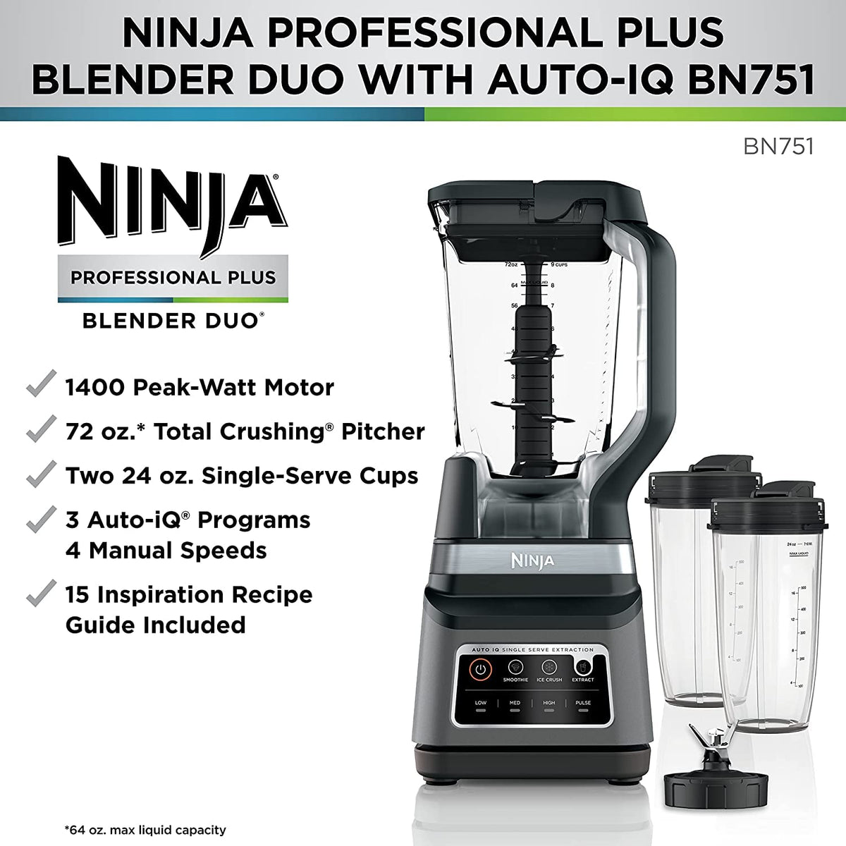 Ninja - Bender BN751 Professional Plus DUO, 1400 vatios de pico, 3 programas Auto-IQ para batidos, bebidas congeladas y extracciones de nutrientes, 72 oz Jarra trituradora total y (2)