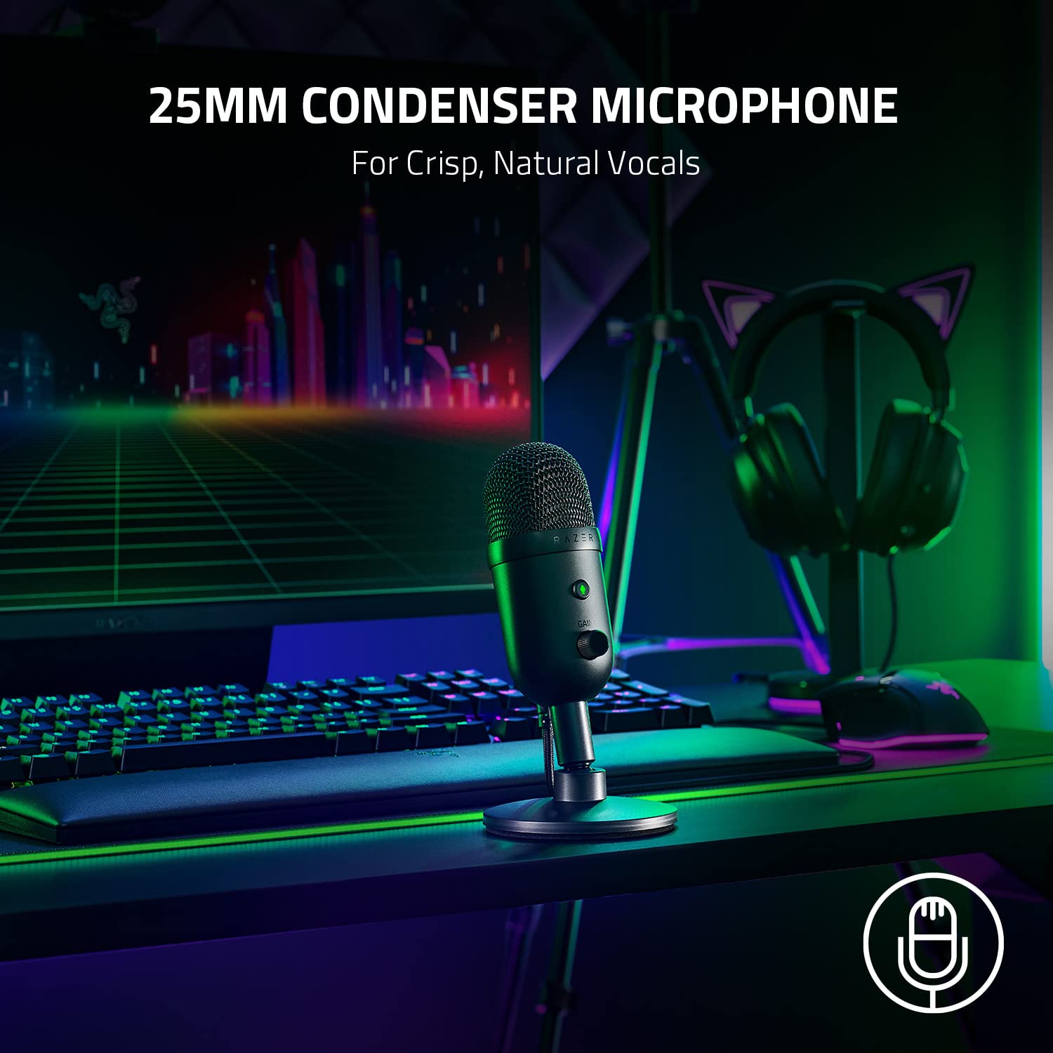 Razer Seiren V2 X Micrófono USB: Micrófono de condensador de 25 mm, patrón de recogida supercardioide, limitador analógico digital, botones de monitoreo, ganancia y silencio, amortiguador integrado (Reacondicionado)