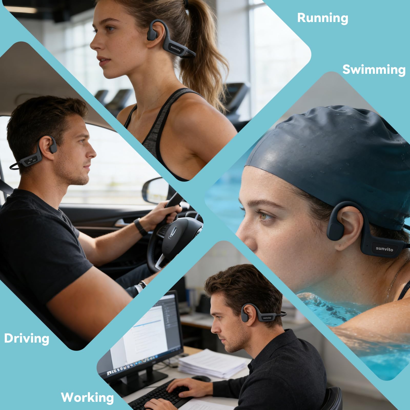 sunvito Audífonos de Conducción Ósea para Natación, Bluetooth 5.4, Oreja Abierta con MP3 de 8GB, IPX8 Impermeables para Piscina y Entrenamiento, Negro