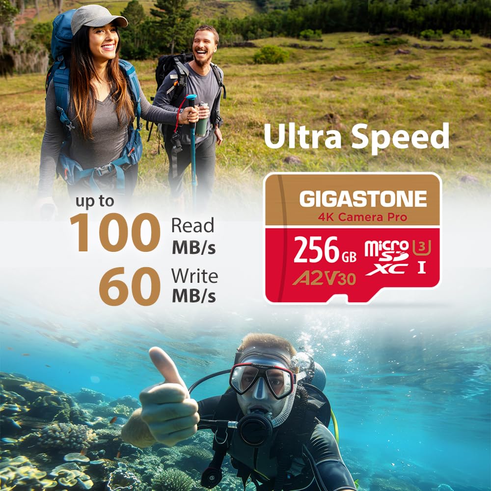 [5 Años Gratuitos de Recuperación de Datos] Gigastone 256GB Tarjeta Micro SD, Grabación de 4K video para GoPro, Cámara de Acción, DJI, Drone, Nintendo-Switch, 100/60MB/s Lec/Esc, UHS-I U3 A2 V30 C10