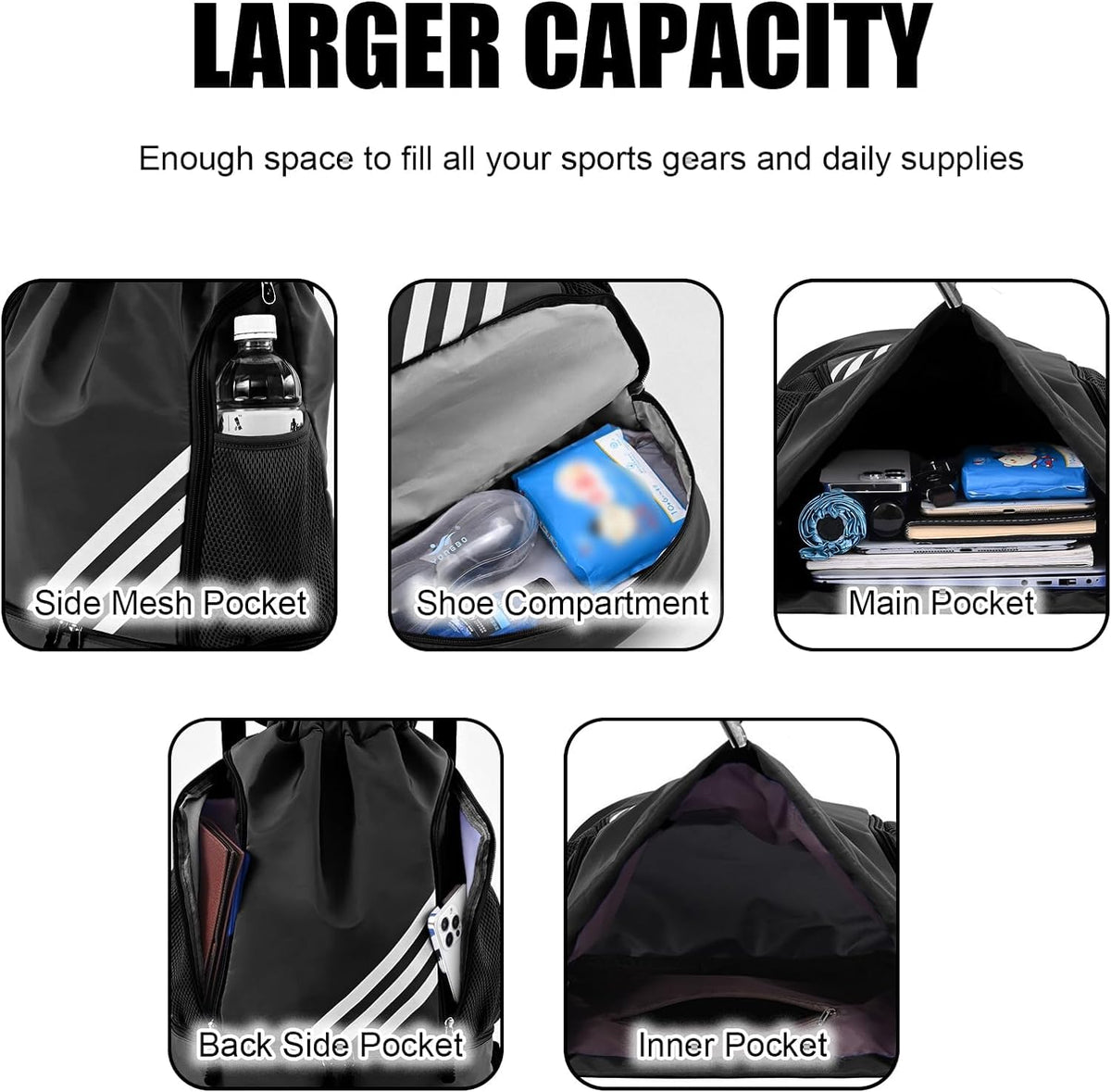 Mochila Deportiva con Cordón,Mochila de Cordón, Mochilas de Cuerdas con Compartimento de Zapatos y Bolsa de cuerdas Impermeable Morral Deportivo para Mujer Hombre Adolescente (Negro-)