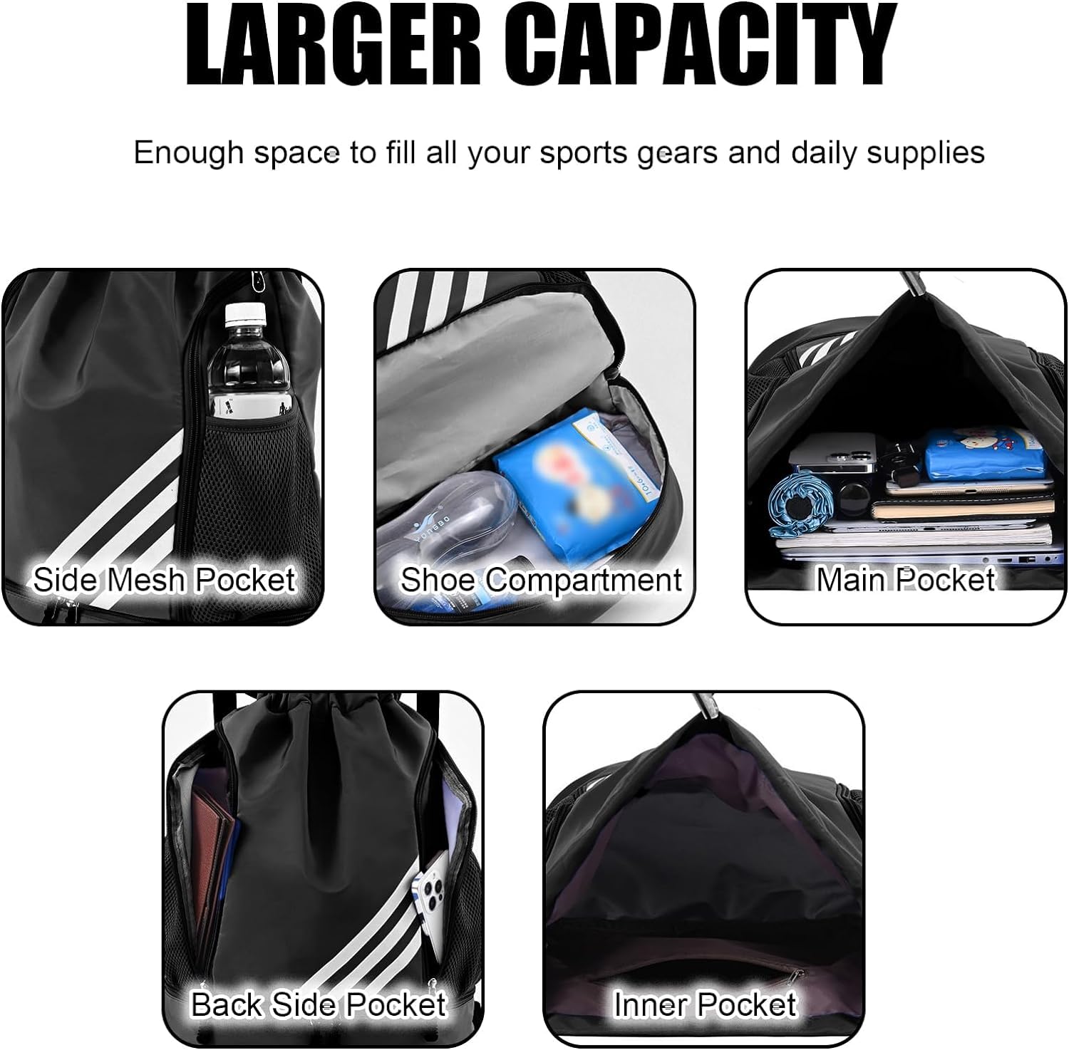 Mochila Deportiva con Cordón,Mochila de Cordón, Mochilas de Cuerdas con Compartimento de Zapatos y Bolsa de cuerdas Impermeable Morral Deportivo para Mujer Hombre Adolescente (Negro-)