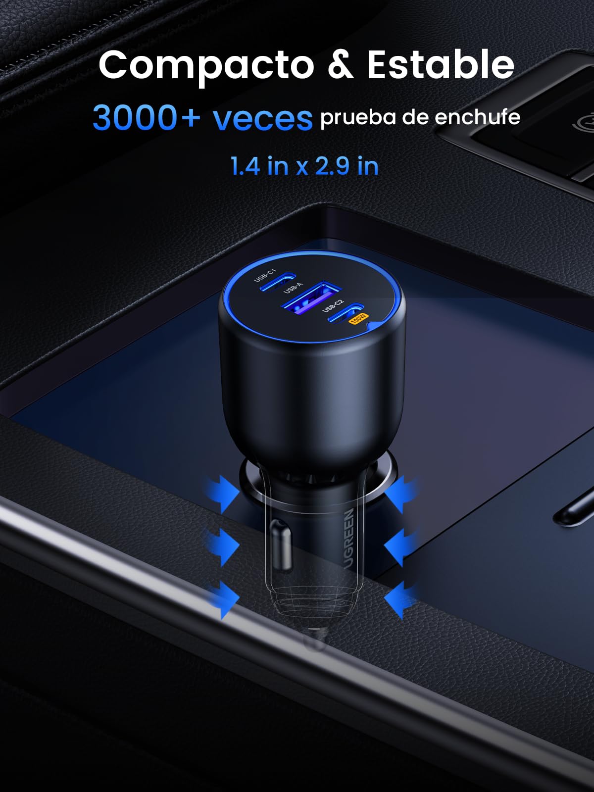 UGREEN 130W Cargador de Coche USB C con 1M 100W Cable USB C, Adaptador de Auto Tipo C Carga Rápida PD 3.0 Compatible con iPhone 16 15 14 13 12, Galaxy S25 S24 Ultra, Xiaomi, MacBook Pro Air, iPad Mini