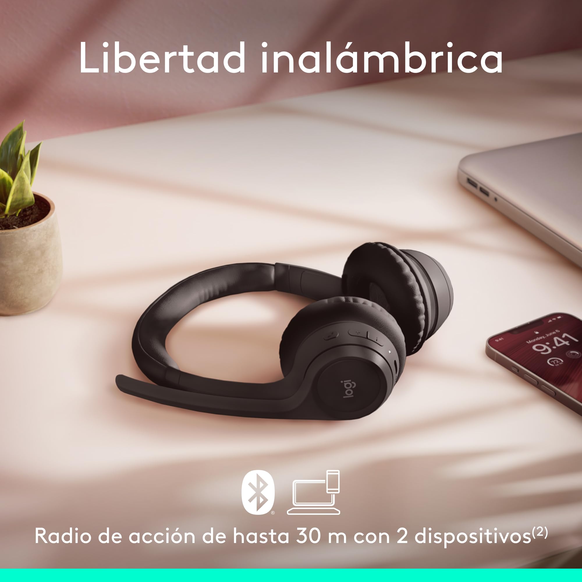 Logitech Zone 300, Auriculares con micrófono Bluetooth inalámbricos con cancelación de Ruido, compatibles con Windows, Mac, Chrome, Linux, iOS, iPadOS, Android – Negro