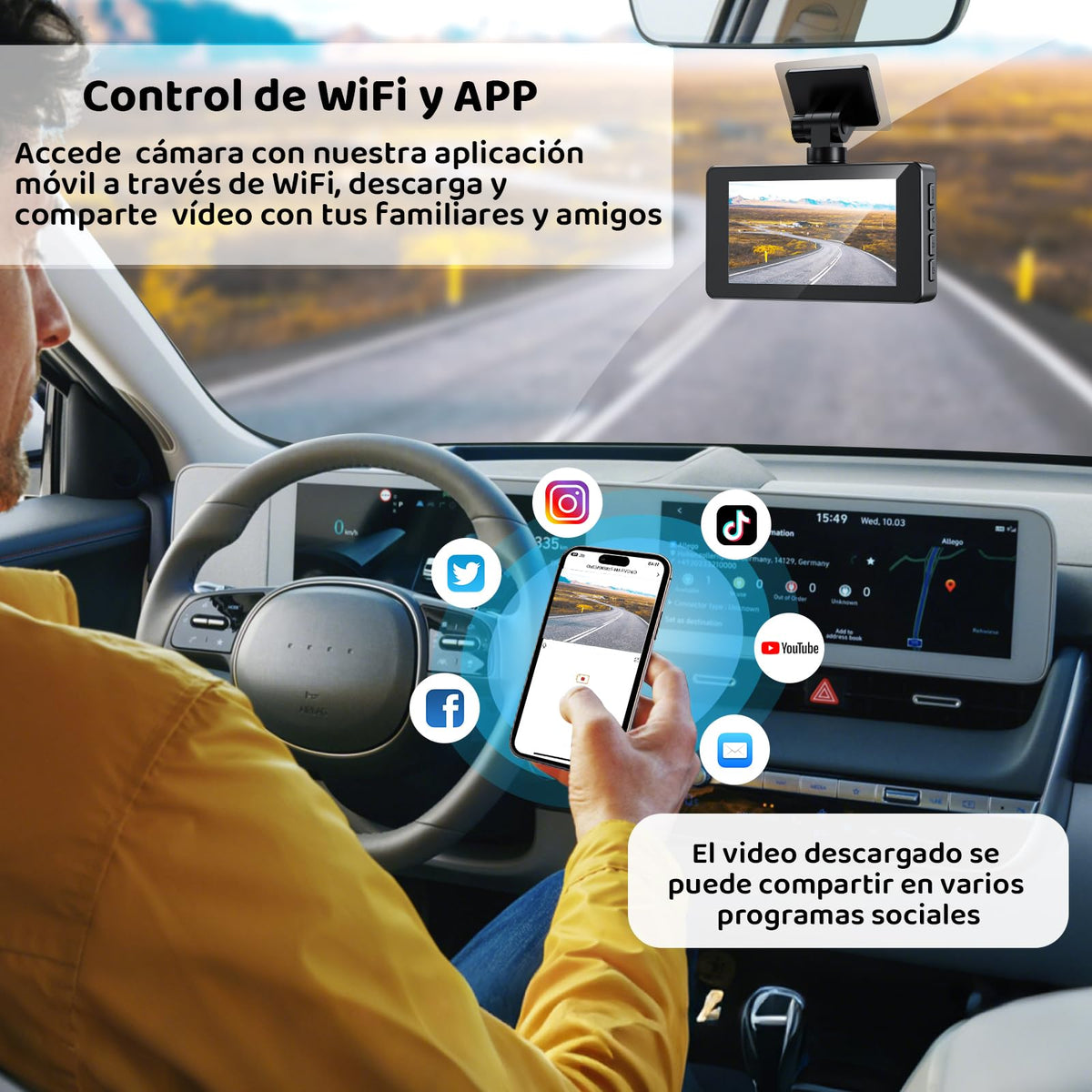 Gurkitsy Dashcam para Auto, 3'' Dash CAM,1080P HD Cámara Carro Delantera, Cámara Automovil para Auto y Carro, con Visión Nocturna 2.0 y WiFi, Control de App, Grabación en Bucle, Sensor G