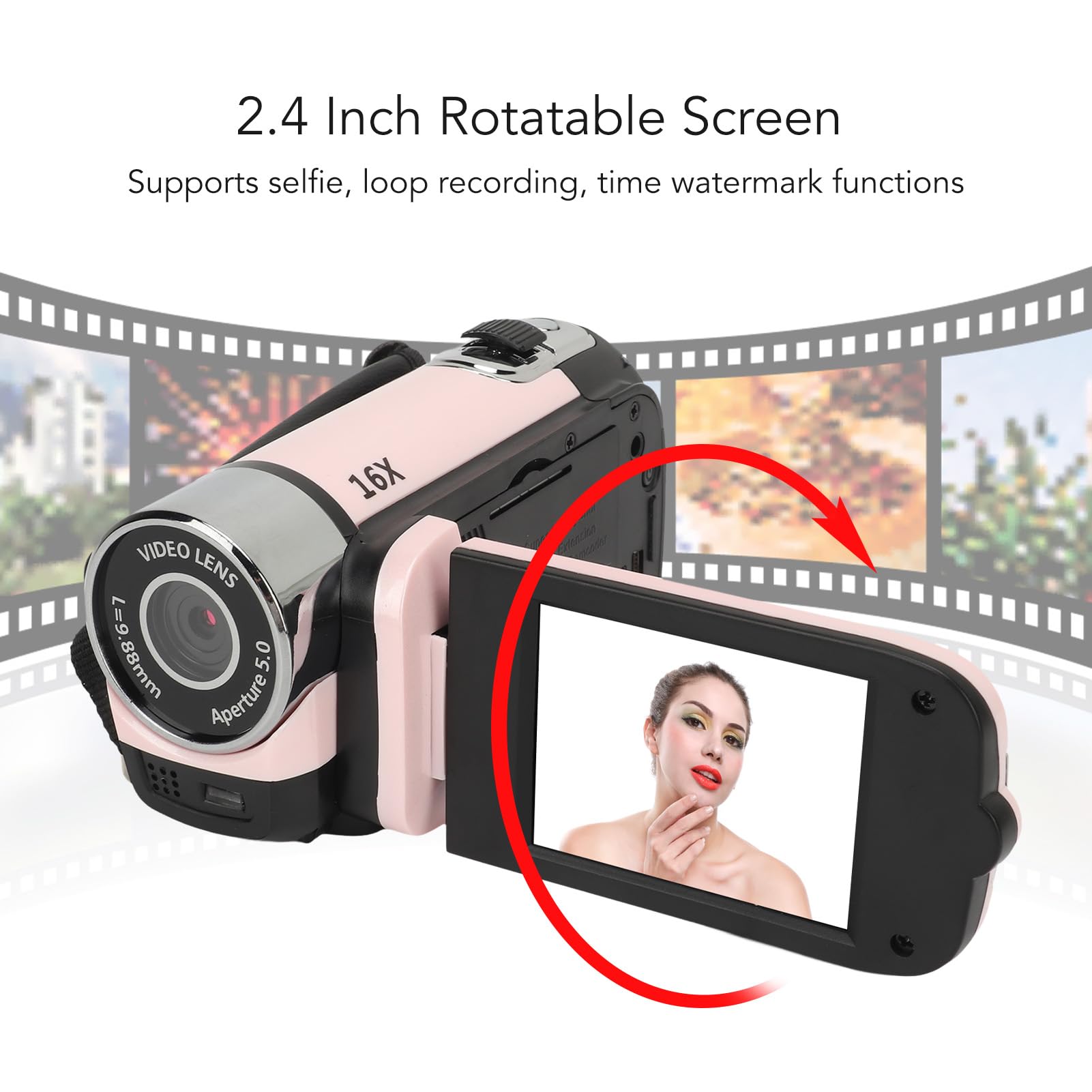 Yunir Cámara Digital, Cámara USB FHD 1080P 16MP con Pantalla Giratoria de 2,4 Pulgadas, Zoom 16X, Luz de Relleno, Antivibración, Grabadora de Vídeo Portátil para Niños y Niñas (Pink)