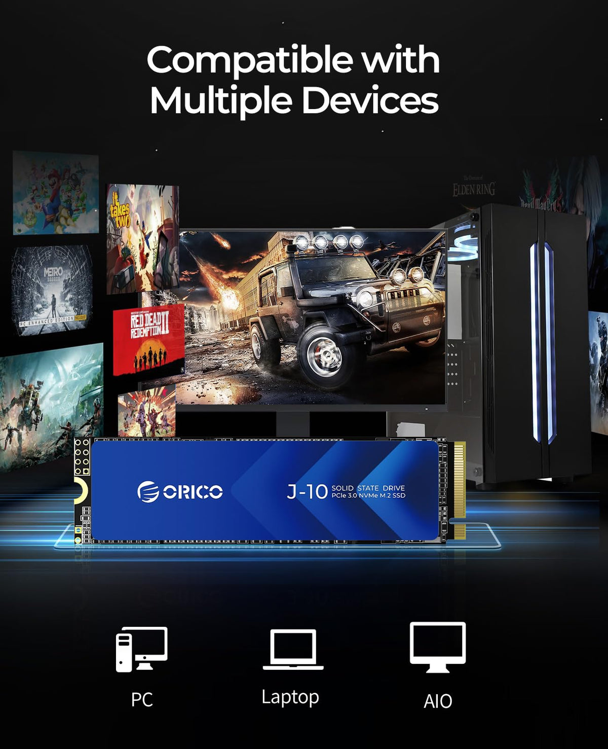 ORICO NVMe SSD 512GB M.2 con disipador térmico, PCIe Gen3x4 2280 Internal Solid State Drive, SLC Cache 3D NAND, hasta 3100MB/s, Compatible con portátiles y PC de sobremesa-J10