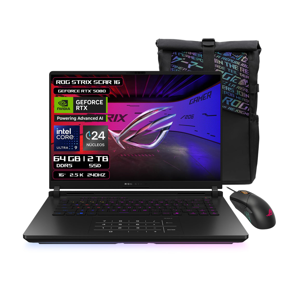 ASUS ROG Strix Scar 16/ NVIDIA GeForce RTX 5080/ Intel Ultra 9/64 GB - 2TB SSD/Intel AI Boost NPU 13 Tops + Incluye Mochila ROG Gladius y Mouse ROG (Garantía y Servicio con la Marca en México)