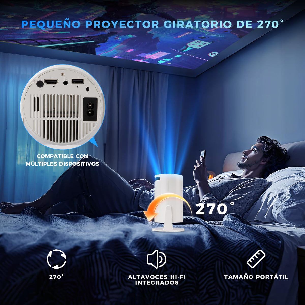 HUSEYTA Proyector, proyector Inteligente 4K/ 150 ANSI con WiFi 6, BT 5.0, Pantalla de 130 Pulgadas, Giro de 180 Grados, Sistema operativo Android Integrado 12.0, Compatible con iOS/Android/PC/PS4/PS5