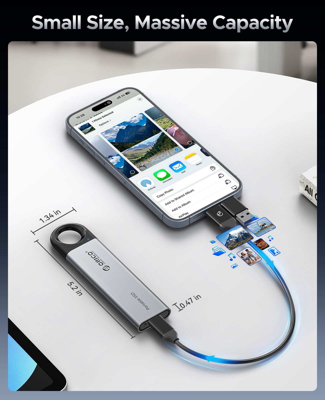 ORICO SSD Externo de 1 TB hasta 1050 MB/s, Unidad portátil de Estado sólido con diseño de Agujero Colgante, Cable USB C & A 2 en 1, Almacenamiento confiable para teléfonos Inteligentes Tipo C