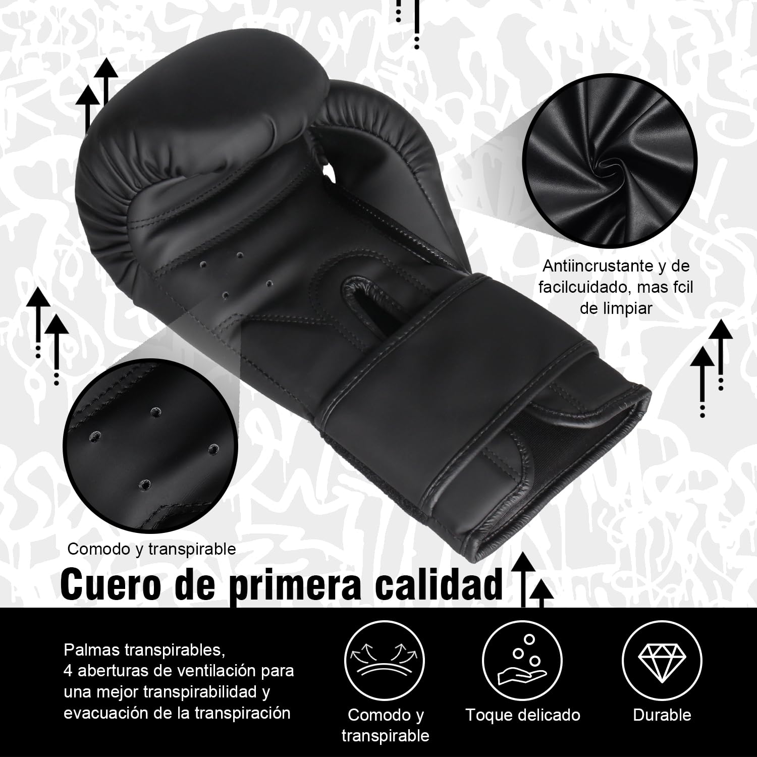 PUNKZZ Guantes de Boxeo 8-18oz,Guantes de Entrenamiento para Hombres y Mujeres, Protector Bucal Incluido, Absorción de Impactos, MMA (Negro, 12oz)