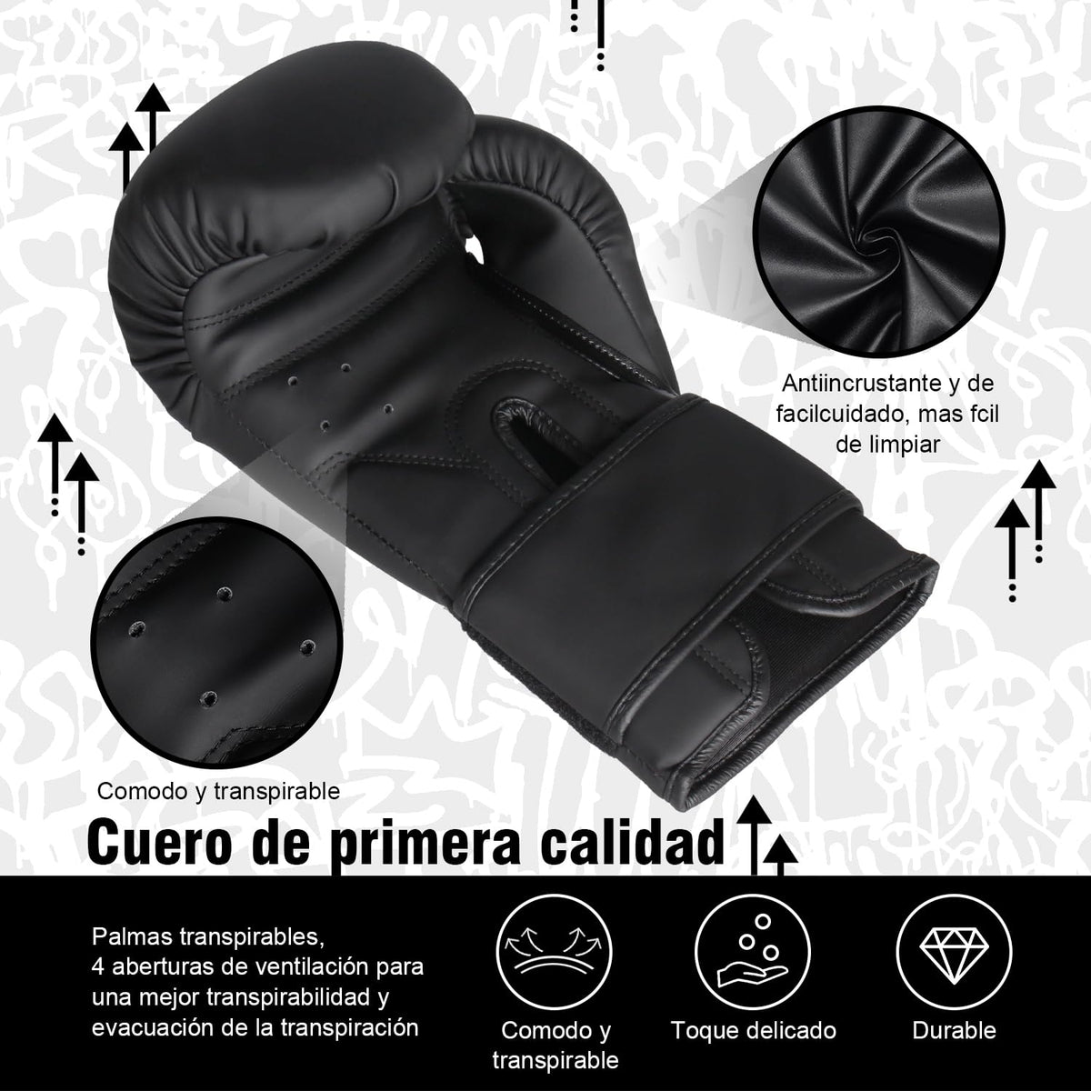 PUNKZZ Guantes de Boxeo 8-18oz,Guantes de Entrenamiento para Hombres y Mujeres, Protector Bucal Incluido, Absorción de Impactos, MMA (Negro, 12oz)