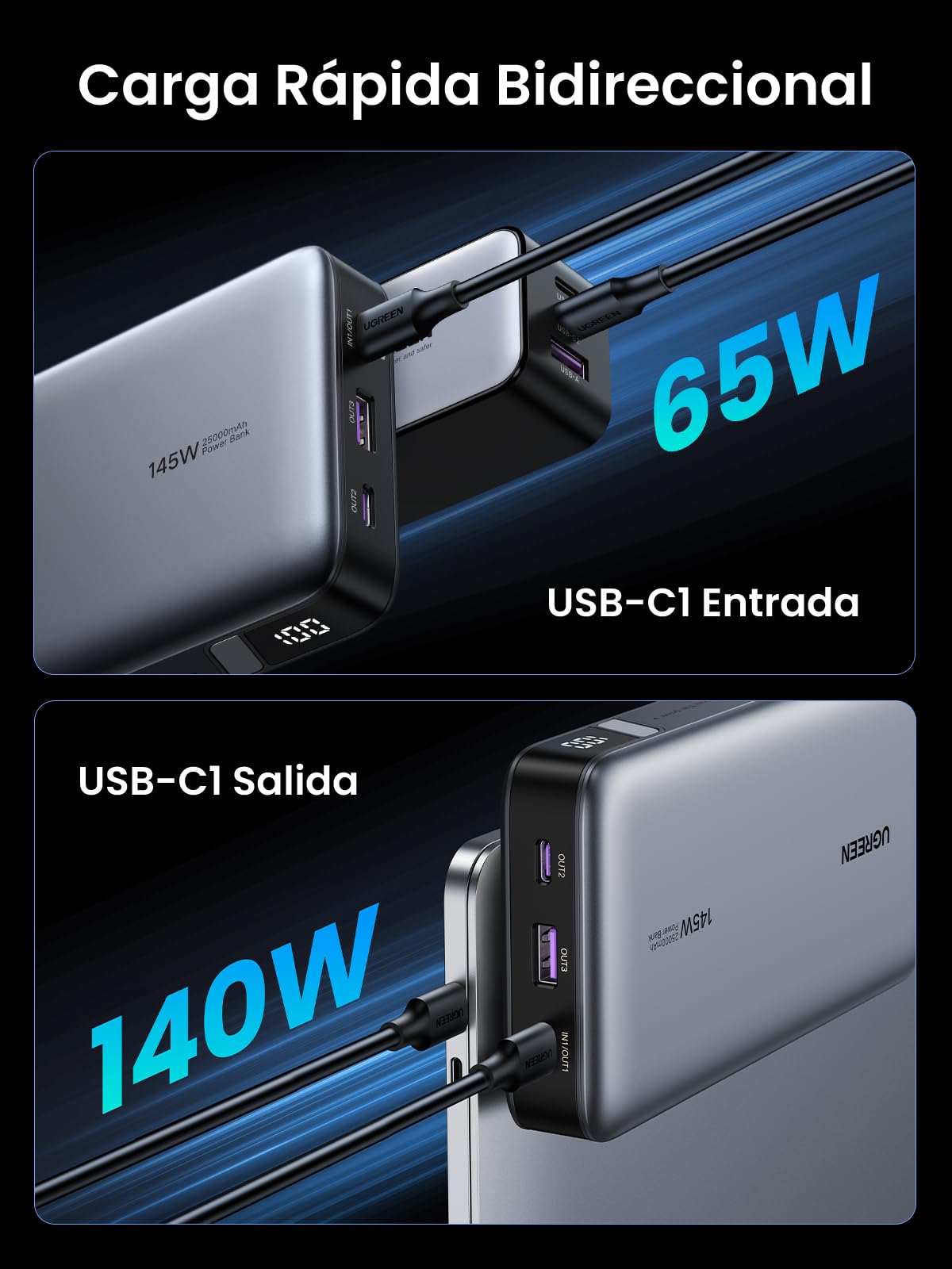 UGREEN 145W Power Bank 25000mAh Cargador Portátil Carga Rápida con Cable USB C y 3 Puertos PD3.0 Banco de Energía Batería con Pantalla Digital Compatible con MacBook iPad iPhone 16/15/14 Xiaomi Galaxy