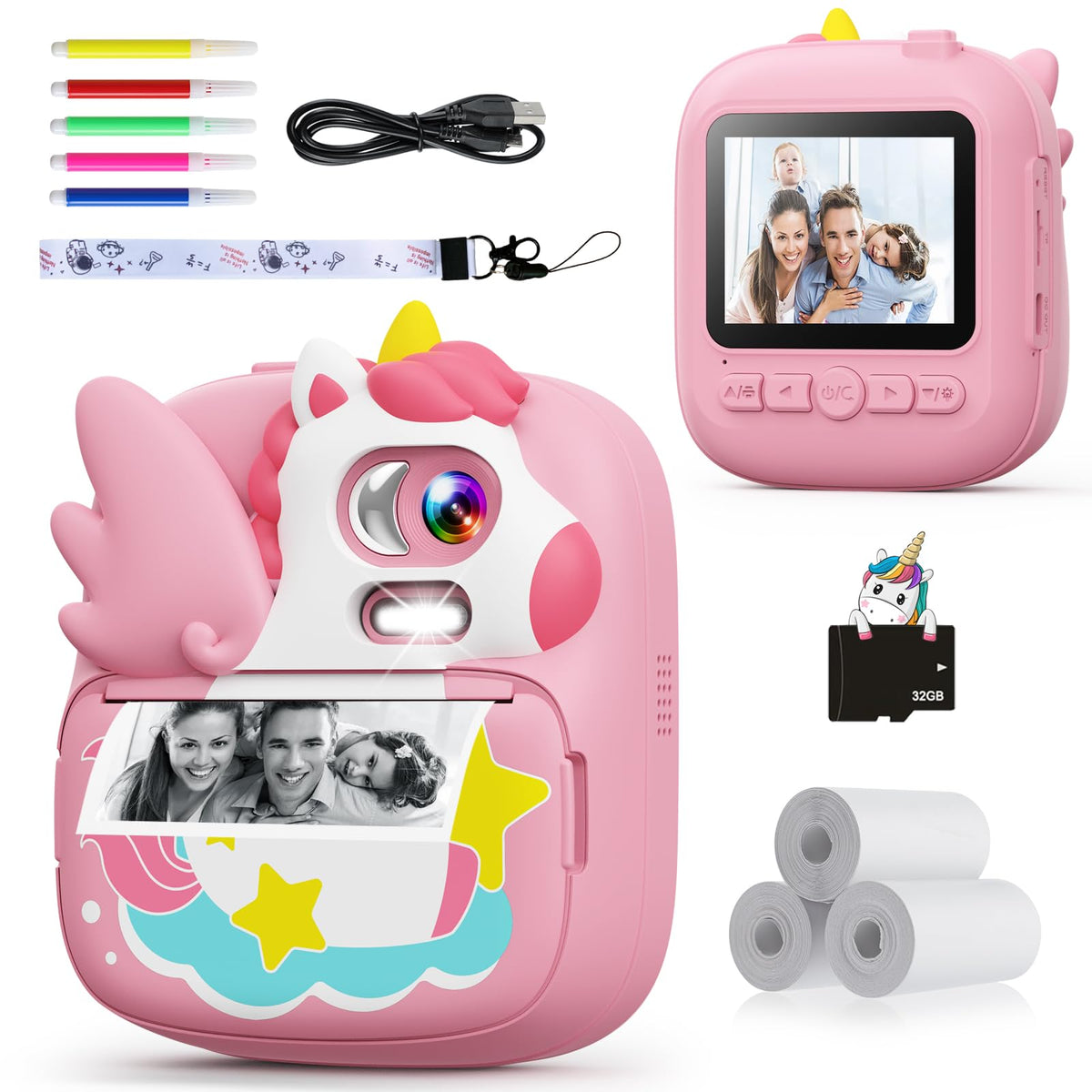 CAMCLID Camara Fotos Infantil Instantanea, 2,4 ’‘ HD 1080P Cámara Fotos Infantil con Tarjeta SD de 32G y Papel Fotográfico de Impresión, Regalos de Navidad para Niños y Niñas de 3 a 12 años (Rosa)