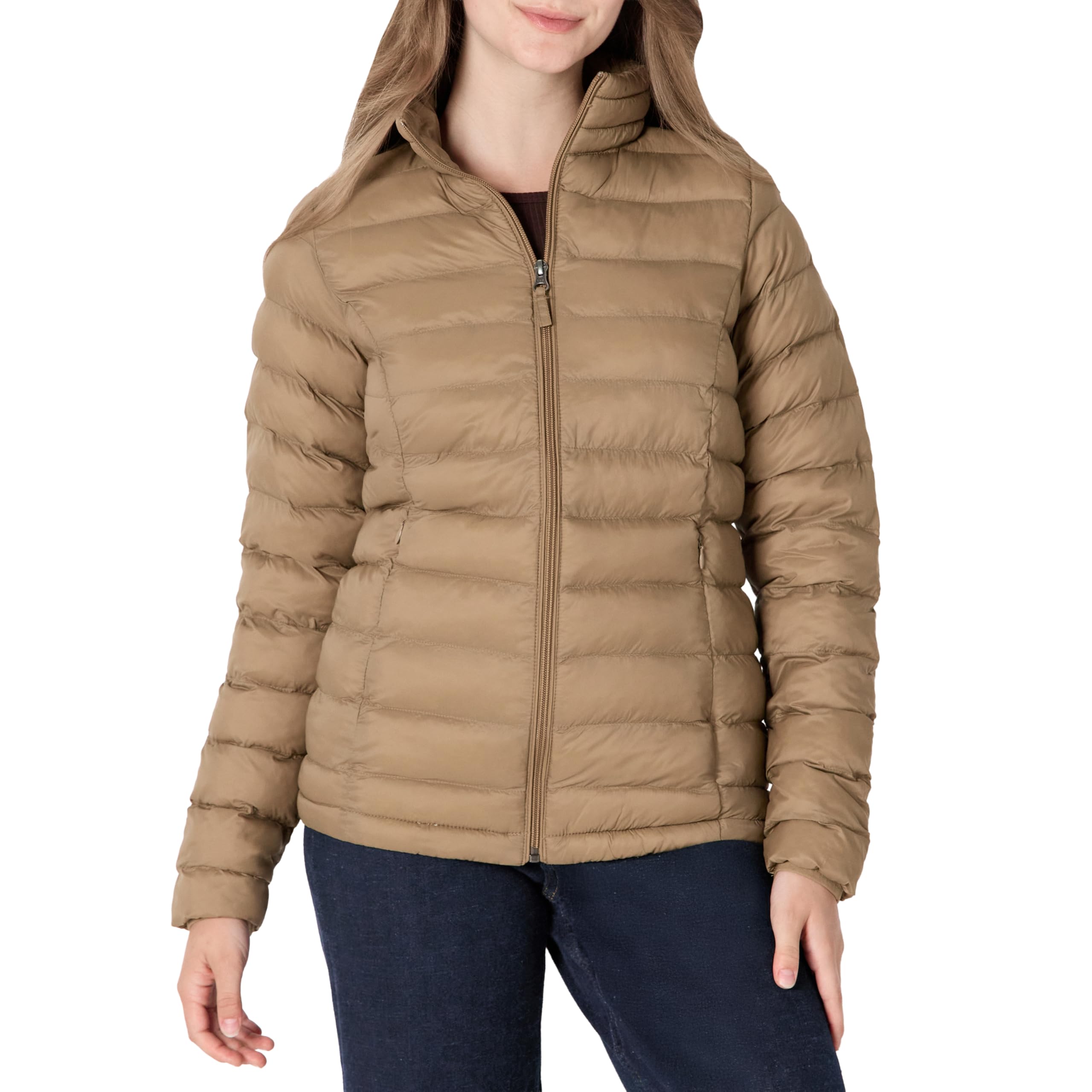 Amazon Essentials - Chaqueta acolchada ligera de manga larga resistente al agua para mujer (disponible en tallas grandes), camello, XXG