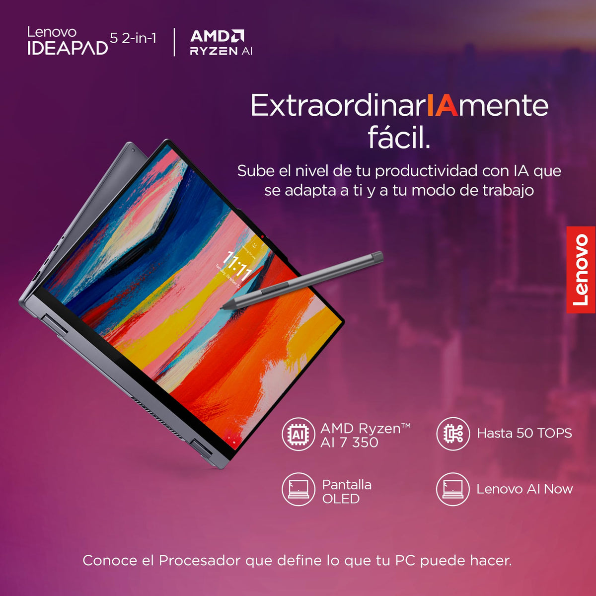 Laptop Lenovo Ideapad 2en1 14AKP10 | 14" WUXGA Touch | AMD Ryzen AI 7 350 | 16 GB RAM 512 GB SSD | PC con IA | Incluye Lapiz Digital
