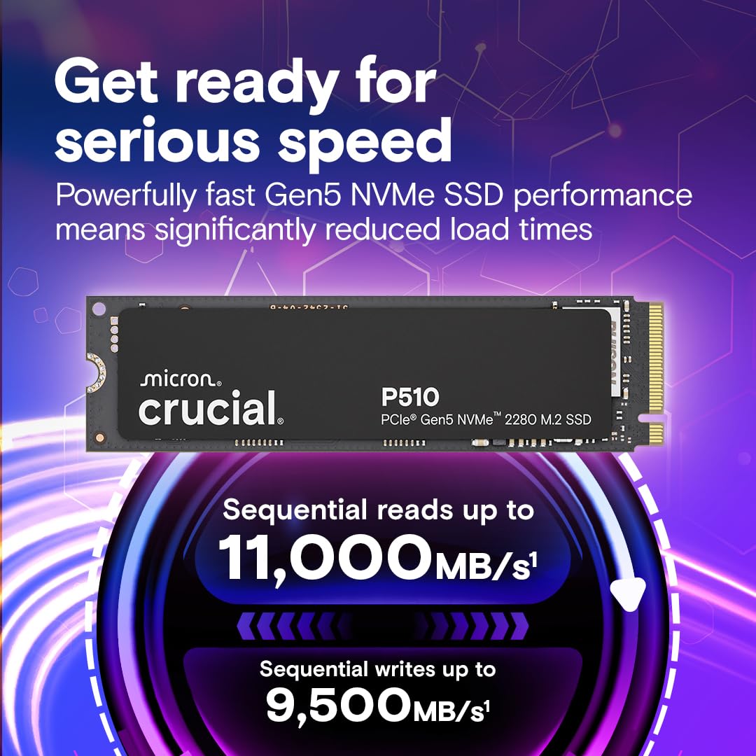 Crucial P510 1TB Gen5 NVMe SSD, hasta 11.000 MB/s, PCIe 5.0 M.2 2280 SSD, Unidad Interna de Estado sólido, Compatible con computadora portátil, computadora de Escritorio, +Software Acronis -