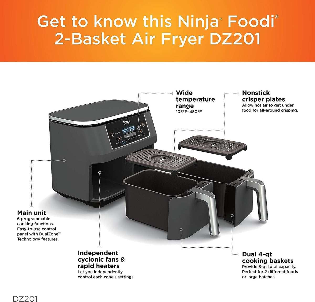 Ninja Freidora de aire DZ201, 6 en 1, 2 cestas con tecnología DualZone, 8 cuartos, acabado inoxidable gris oscuro (Reacondicionado)