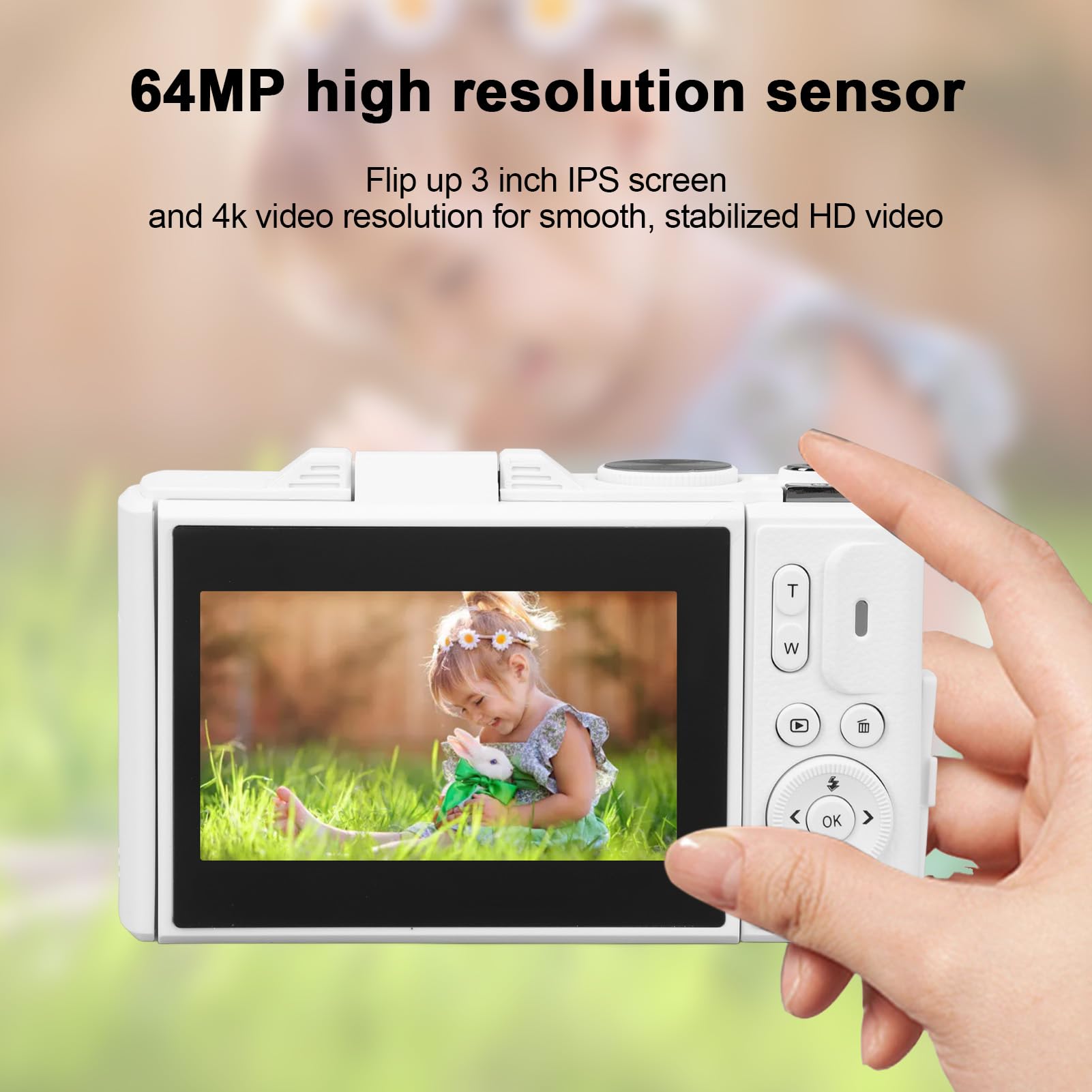 Cámara Digital Portátil de 64MP, Cámara 4K Vlogging para YouTube con Pantalla de 3 Pulgadas y Tarjeta TF de 32GB, Zoom Digital de 16X para Fotografía, Detección de Rostros, Lapso