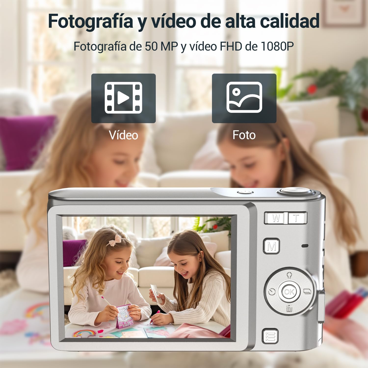 vantisan Cámara Digital, HD 1080P 50MP Vlogging, Cámara de Video con Tarjeta 32GB, Enfoque Automático con Zoom 16X, Disparo Continuo, Pantalla IPS de 2.4'', Mini Camara para Niños y Niñas