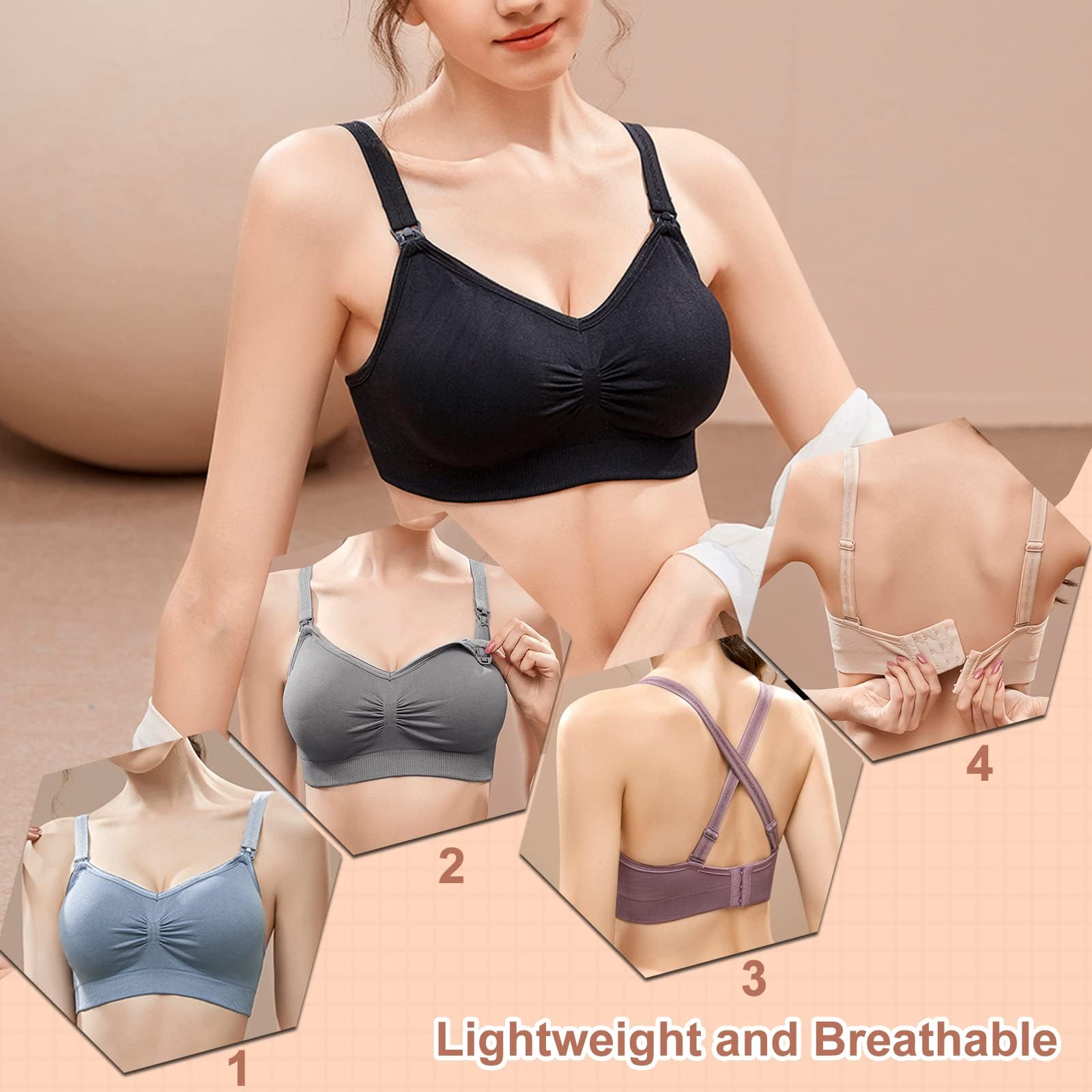 Jasinber Sujetadores Lactancia Maternidad - Cómodos, Ajustables, Transpirables - para Diario, Noche con Extensores, Copas Extraíbles (MX/US, Alfa, Mediano, Regular, Regular, 5, 5 Colors)