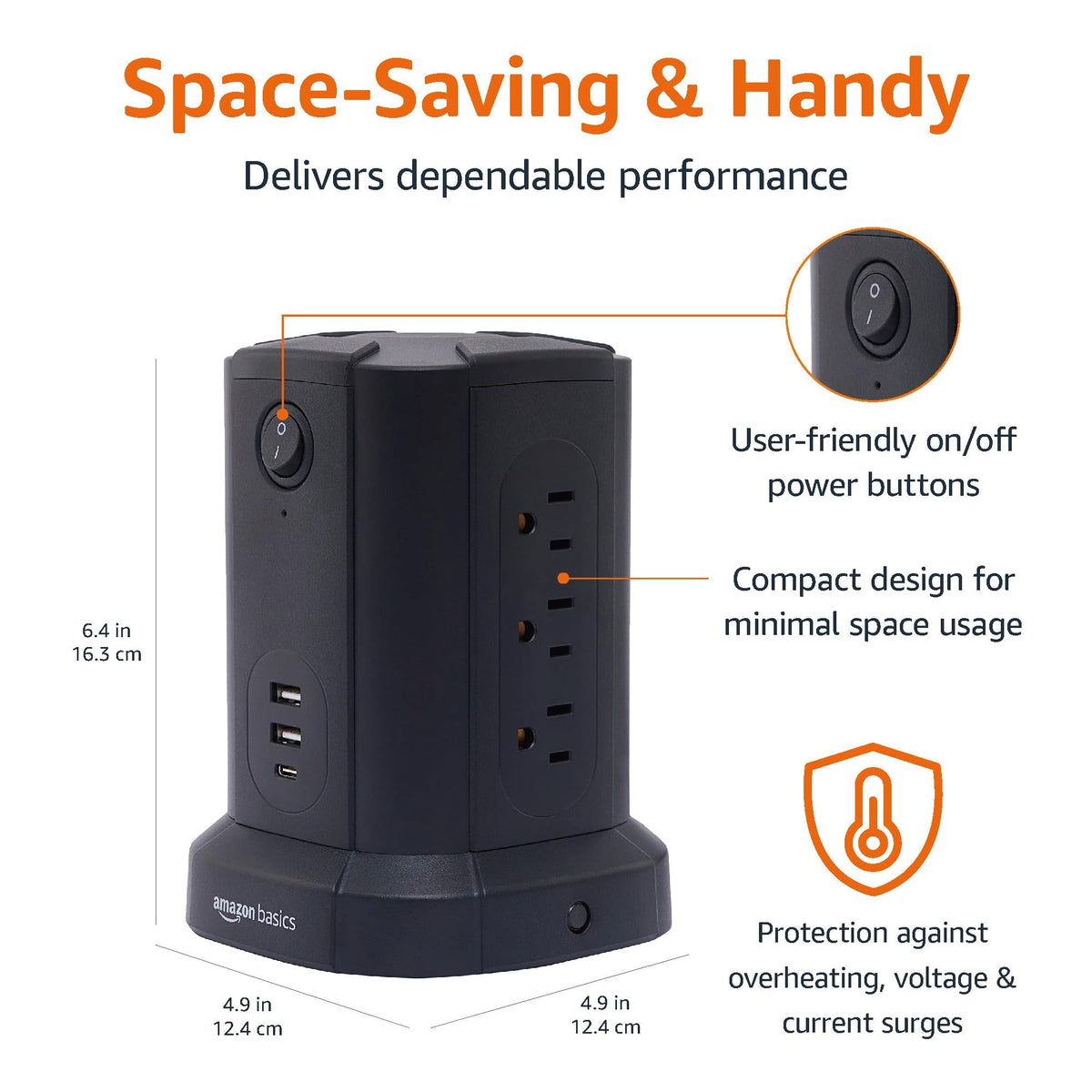 Amazon Basics Power Strip Tower Surge Protector 1080J, 9 Outlet, USB-C, 2 USB-A Port, 15A, 6ft Cord