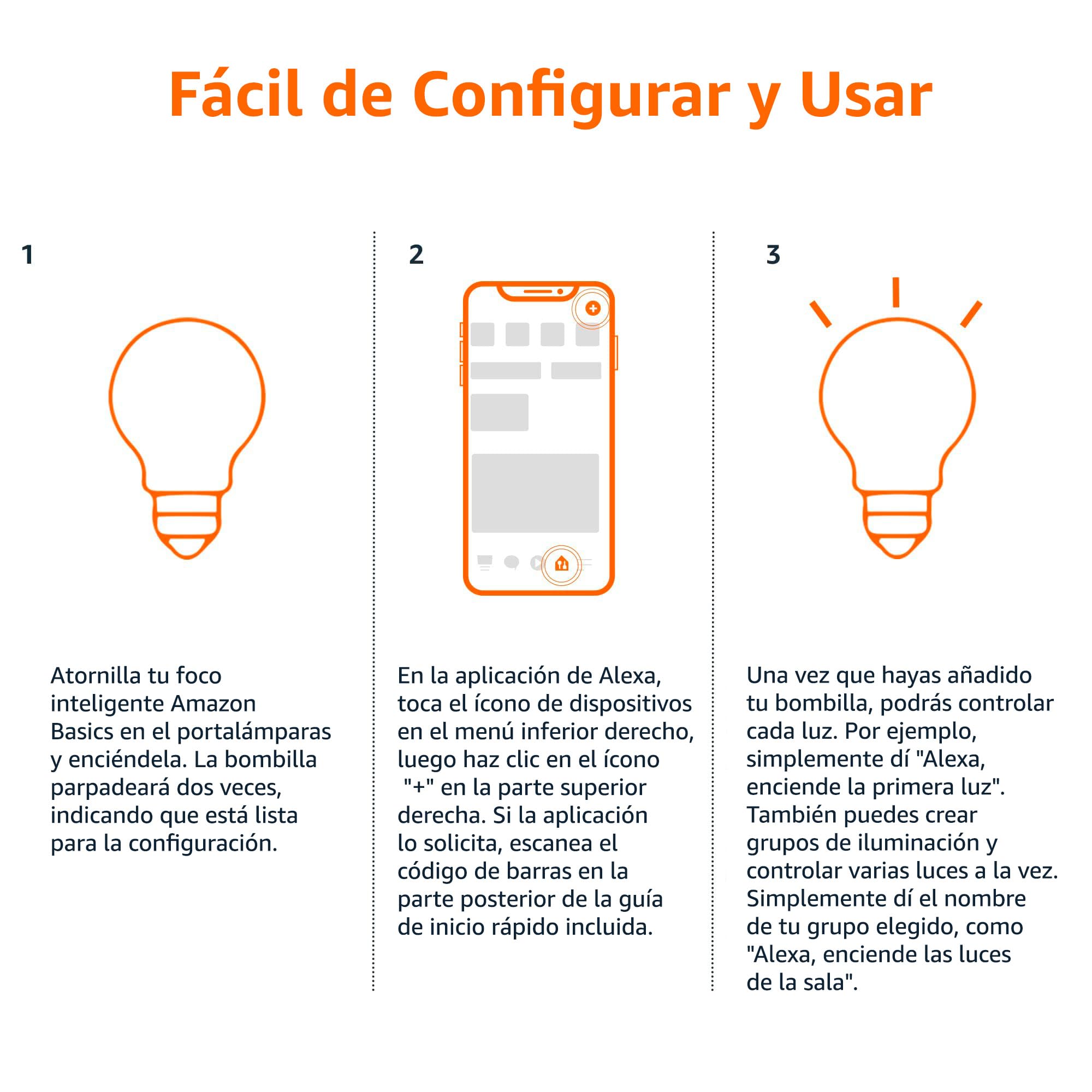 Amazon Basics - foco LED inteligente A19, cambio de color, 9 W (equivalente a 60 W), 800 LM, funciona solo con Alexa, Wi-Fi de 2.4 GHz, no requiere concentrador, 1 paquete