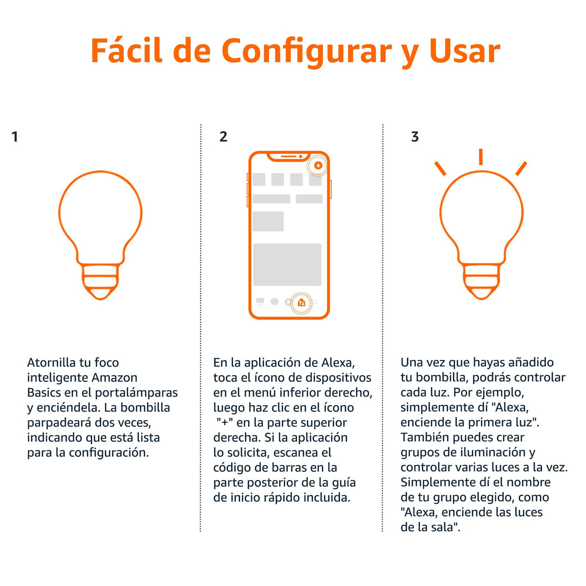 Amazon Basics - foco LED inteligente A19, cambio de color, 9 W (equivalente a 60 W), 800 LM, funciona solo con Alexa, Wi-Fi de 2.4 GHz, no requiere concentrador, 1 paquete
