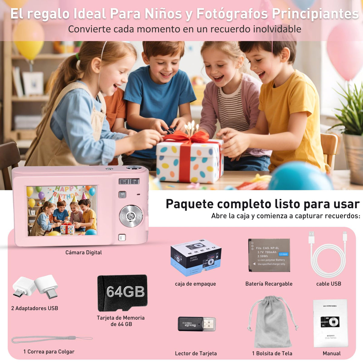 HeiLuon Cámara Digital FHD 1080P 50MP Vlogging con Tarjeta 64GB, Pantalla IPS de 2.4'', Zoom 16X, Anti-Shake y Disparo Continuo, Camara Fotografica Digicam Regalo para Niñas y Niños (Rosa)
