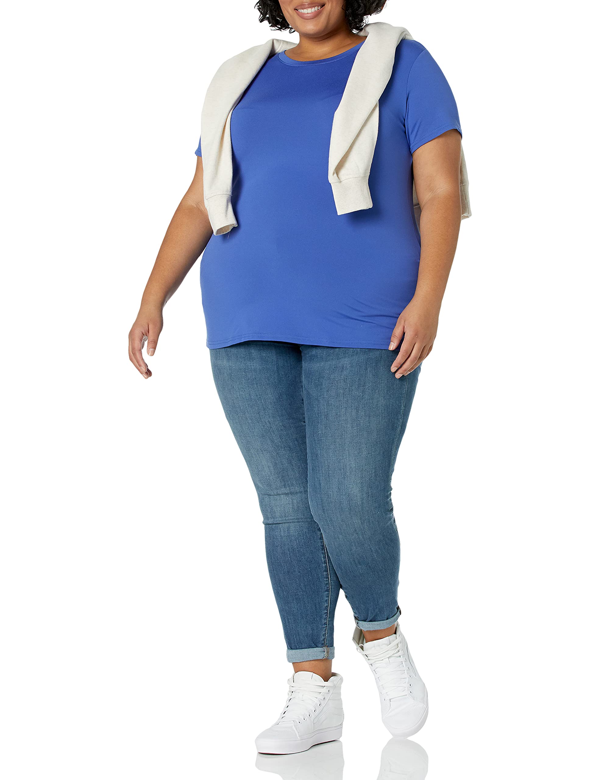 Amazon Essentials Tech - Camiseta elástica de manga corta con cuello redondo para mujer (disponible en tallas grandes), paquete de 2, azul brillante/negro, talla XG