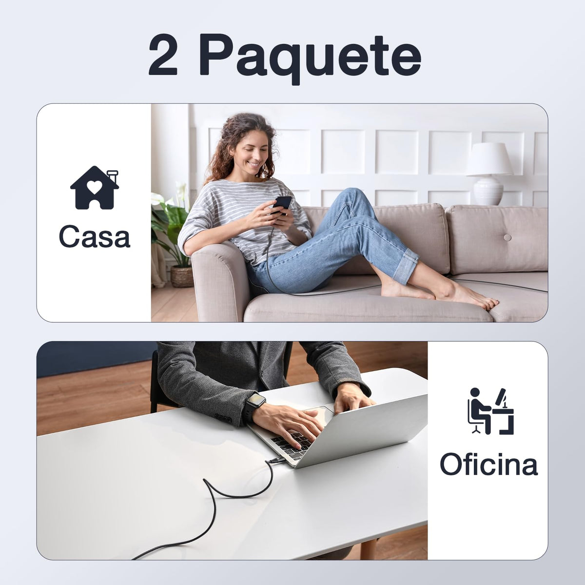 1 Hora 2 Paquete Cable Tipo C Carga Rapida 2M, 3A 60W Cable USB C, Nylon Trenzado, Cable Tipo C a USB C Compatible con iP15, Samsung Galaxy S24 S23 S22, iPad Pro 2021, Airpods, Macbook Air
