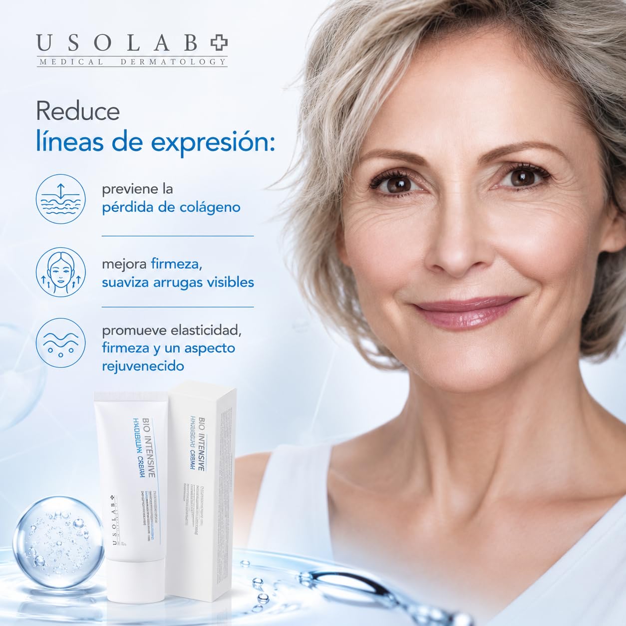 USOLAB Crema Hidratante Coreana Bio Intensive Hyaluron con Ácido Hialurónico y Péptidos para Mejorar Elasticidad, Reducir Líneas de Expresión y Iluminar la Piel 50ml