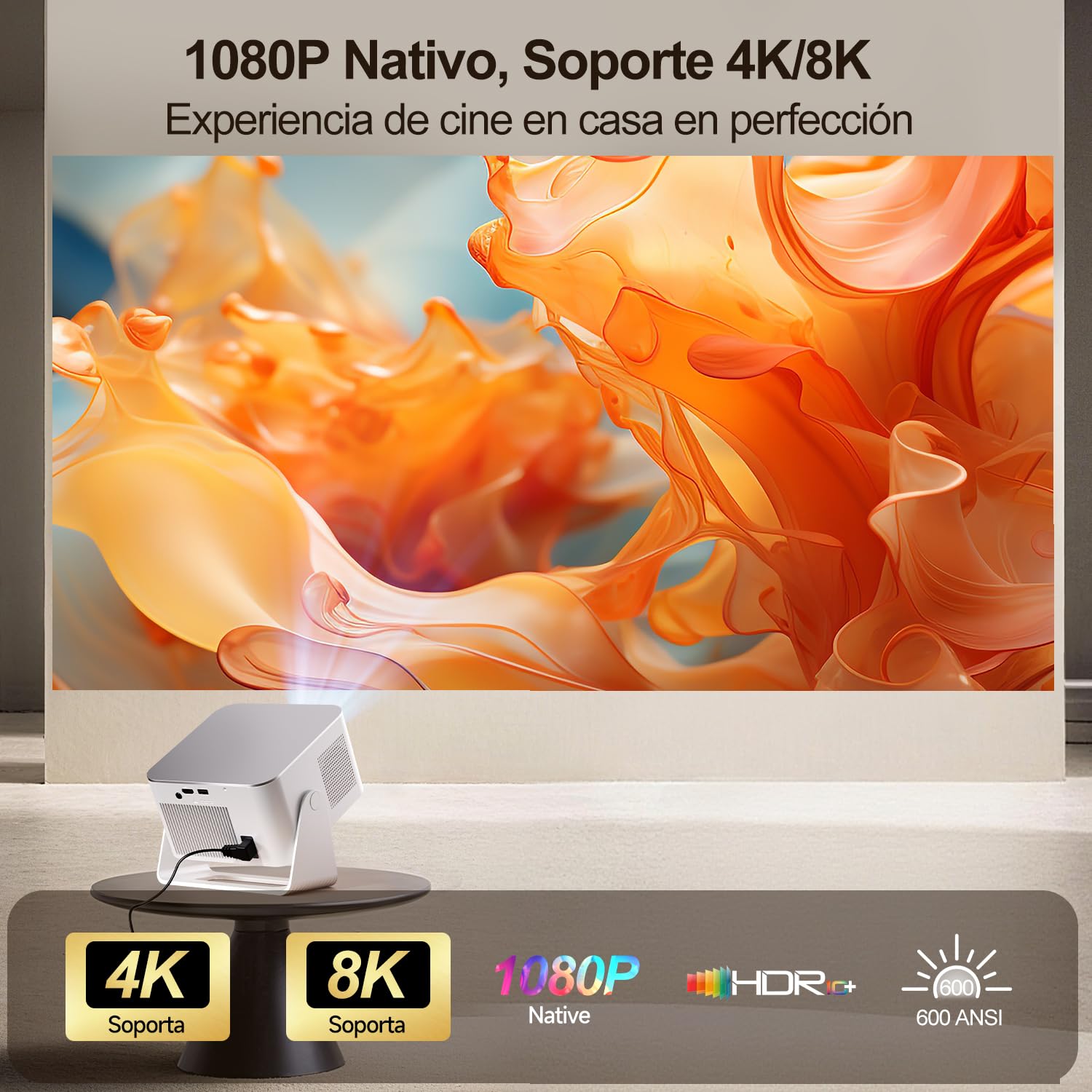 [App Integrada] Mini Proyector 4K & 8K Soporte 1080P Nativo, Proyector Portátil con Android 14 WiFi 6 BT 5.4, 600ANSI, Enfoque Automático, 6D Corrección Automática de Trapecio, Rotación 180°, HY350MAX