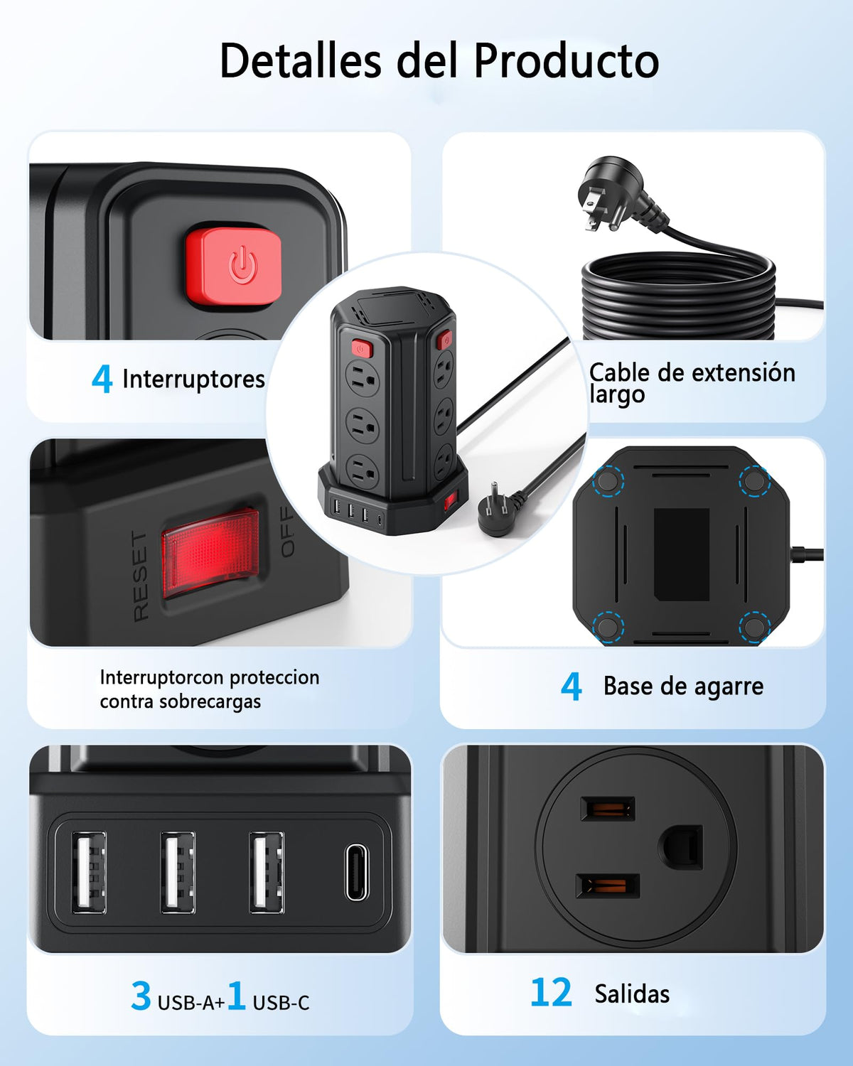 SMALLRT Torre Regleta Multicontacto Pared con USB C, 3.04M Plana Extension Electrica, Extension Multicontacto con 12 Conector Multiple Enchufes y 4 Puertos USB, Hogar Dorm Oficina, Negro